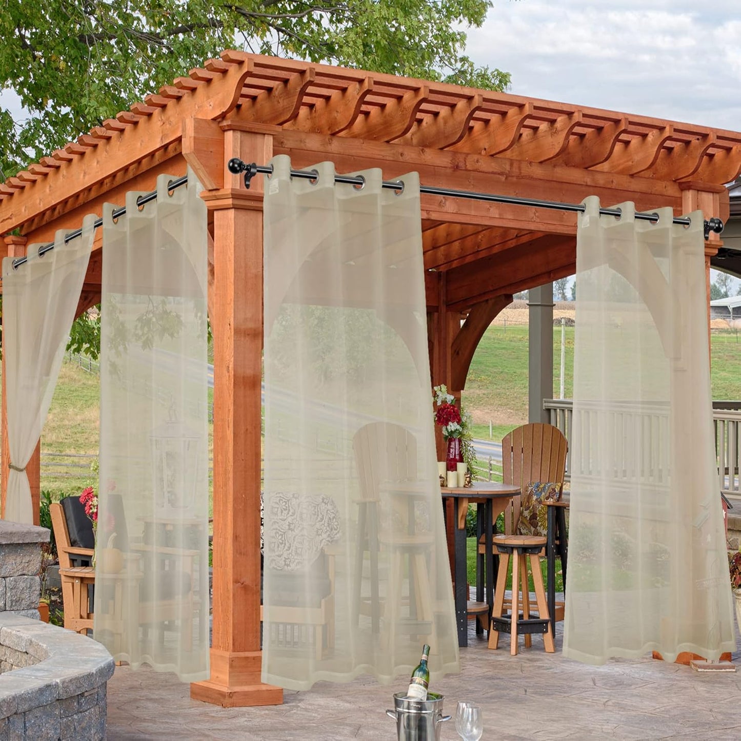 HolidayIdeas Outdoor Sheer Curtains for Patio Waterproof, 4 Panels - 54 x 95 Inch - Light Filtering Voile Outside Curtains Grommet Drapes for Front Porch, Gazebo, Pergola, Backyard, Linen Color