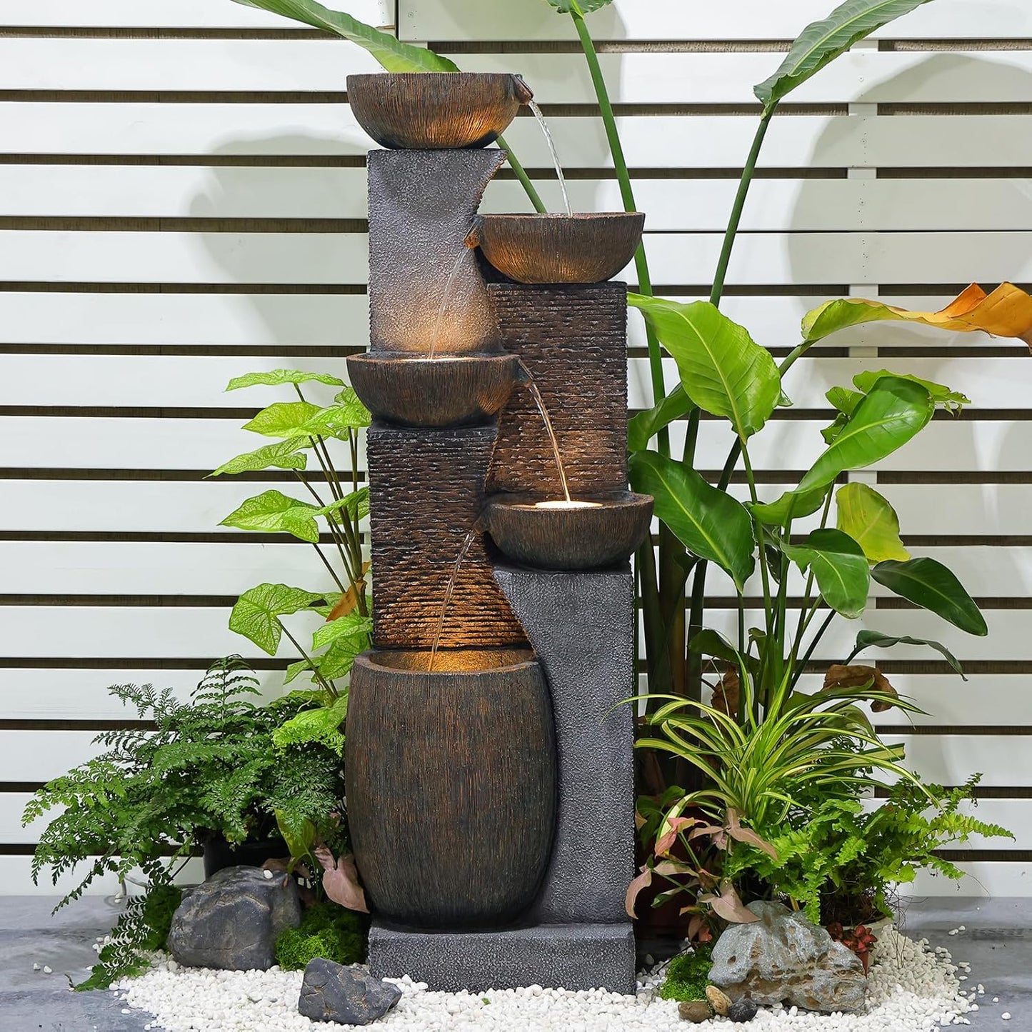 51.4" H Outdoor Garden Water Fountain for Garden, Patio, Backyard, Deck, Porch and Home Art Decor, 5 Tiers Modern Cascading Large Outdoor Fountain with Lights