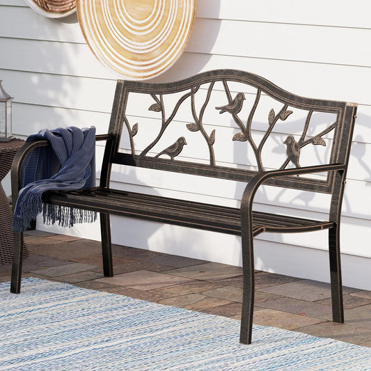 PHI VILLA Outdoor Garden Park Bench Patio 50" Metal Bench, Steel Frame Bench with Backrest and Armrests for Porch, Lawn, Balcony, Backyard and Indoor, Bronze