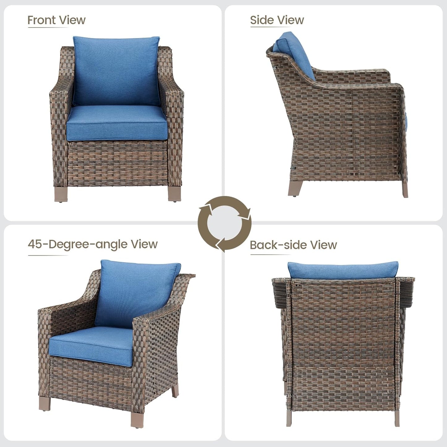 Outdoor Wicker Patio Chairs Set of 4 - Heavy Duty Outside Rattan Lawn Chair for Front Porch Balcony Backyard Yard Deck Poolside Apartment – Brown/Blue