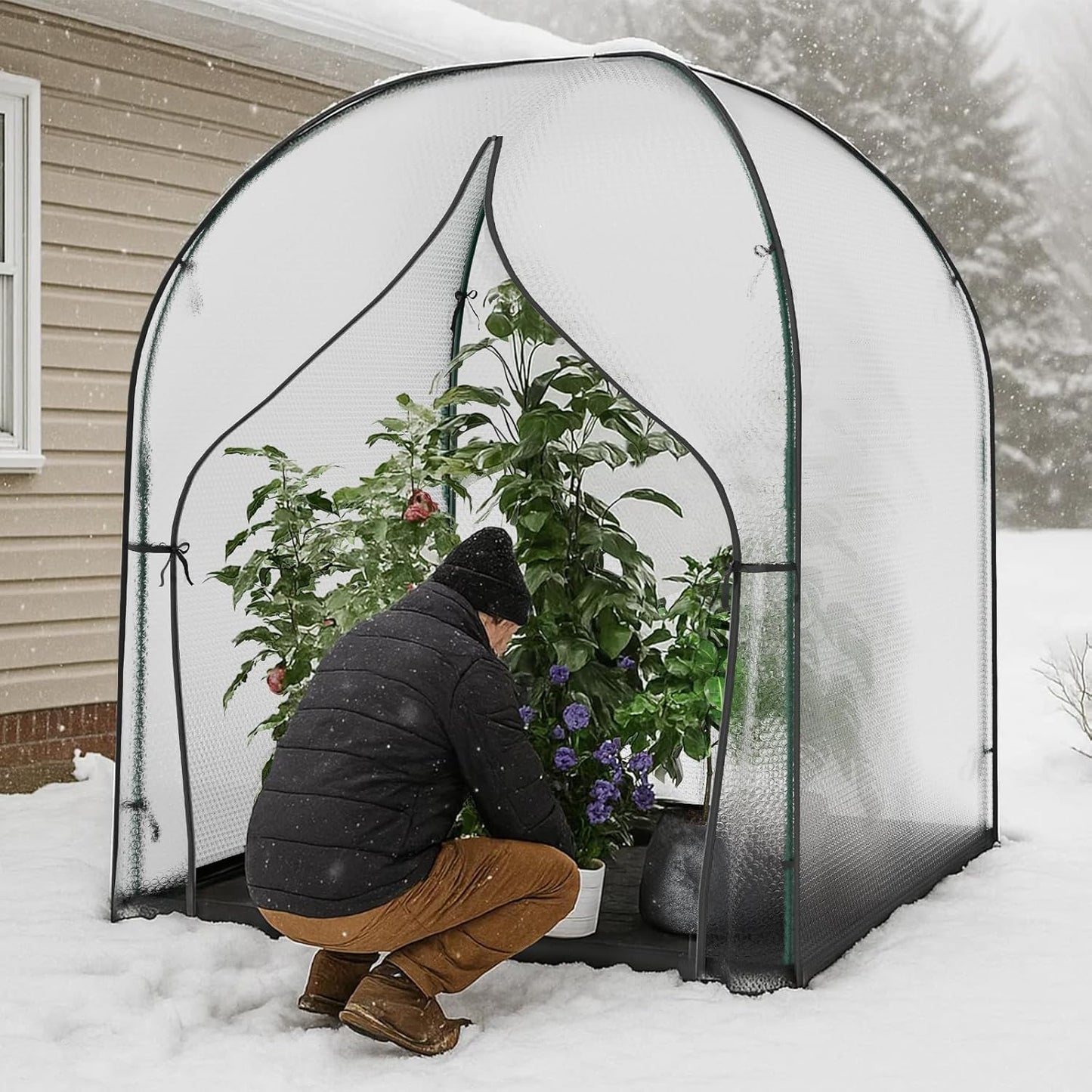 SUNYRISY Greenhouse for Outdoors and Indoor, Bubble Film Small Mini Green House for Outside, Portable Grow Tent Plant Cover with Waterproof Pad and Zippered Door, 59" L x 59" W x 75" H