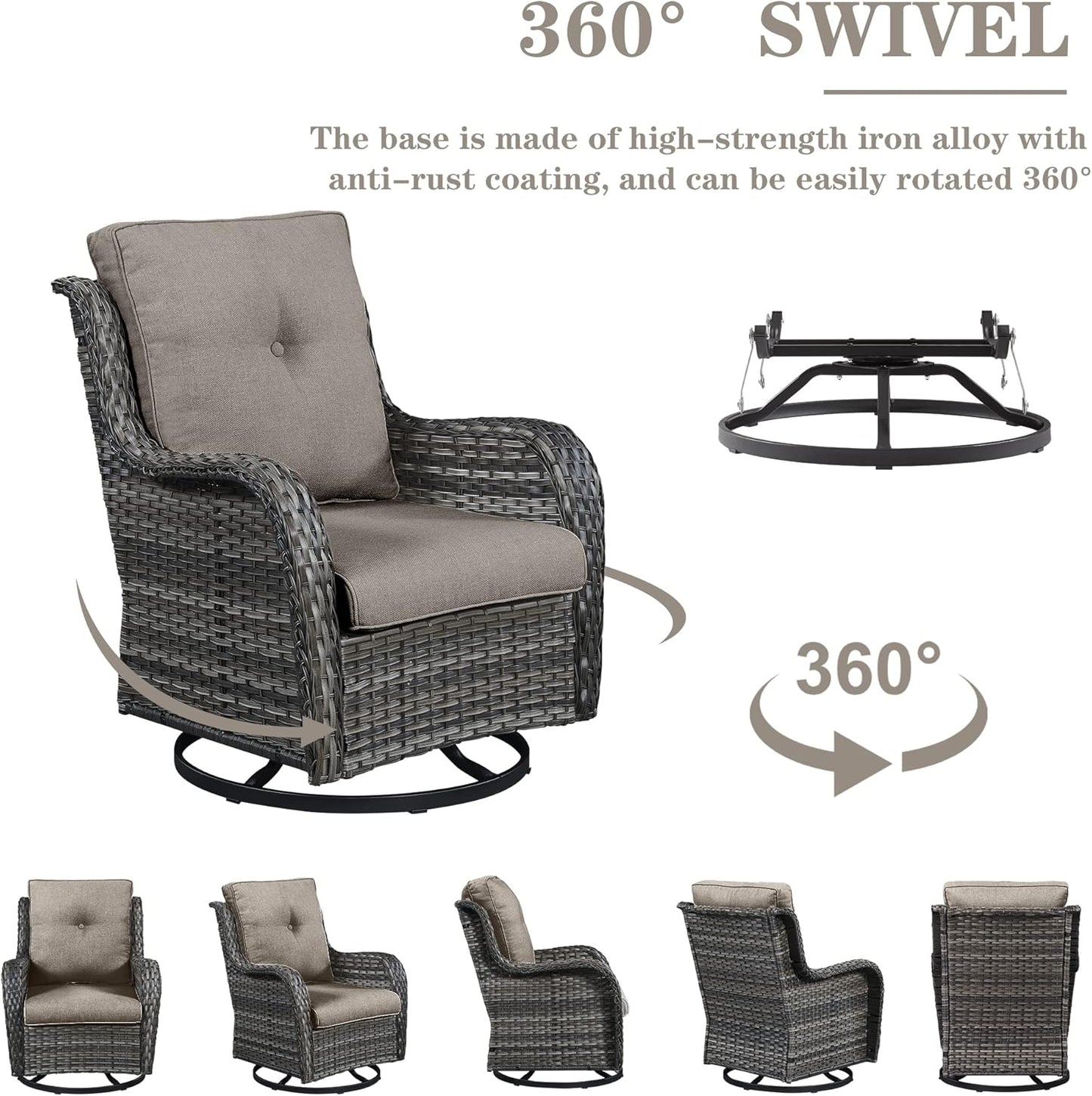 5 Piece Outdoor Patio Furniture Set - Wicker Furniture Patio Conversation Set, Outdoor Swivel Rocker Chairs with Loveseat Sofa and 2 Ottomans for Small Space, Gray Cushion