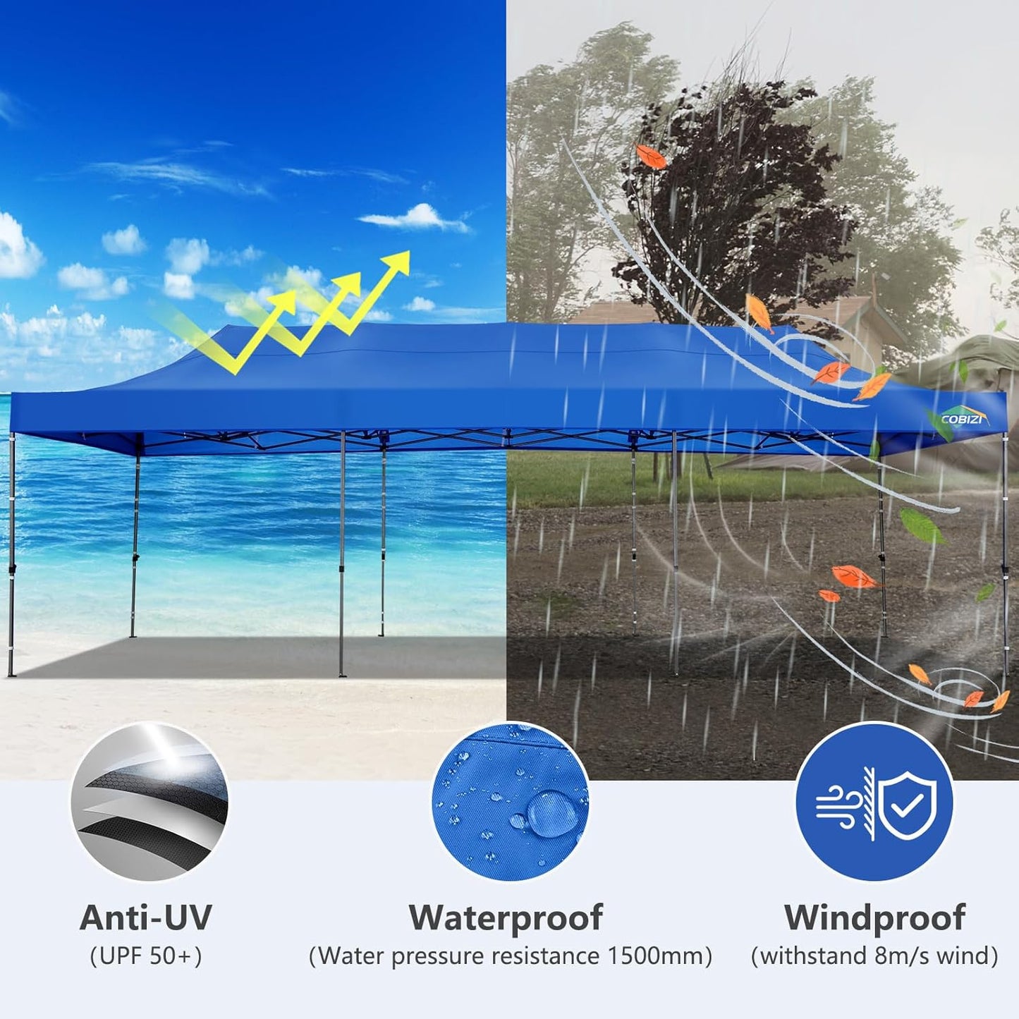 COBIZI 10x30 Pop up Canopy, Heavy Duty Outdoor Party Tents for Parties, Ez up UPF 50+ Waterproof Commercial Canopy with Wheeled Bag can fold, Blue(Windproof Upgraded)