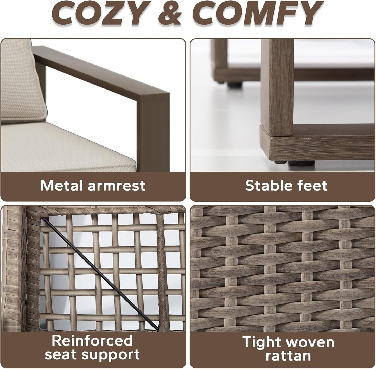 Wicker Patio 75" Sofa Set with Two Armchairs, All Weather Rattan Outdoor Conversation Furniture Set with Wood-Looking Metal Armrest & Removable Cushions for Deck Backyard Porch, Beige