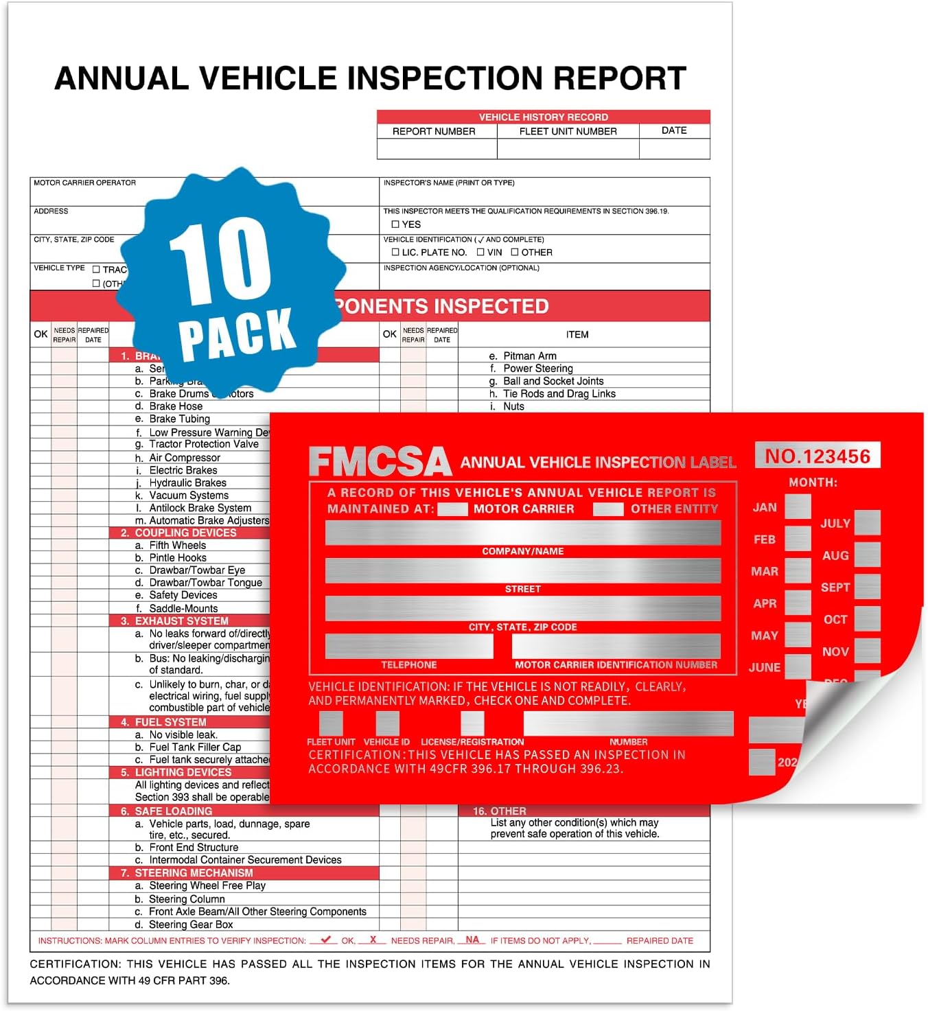 Goldenfox DOT Inspection Forms and Stickers,10-Pack,3-Ply Carbonless Annual Vehicle Inspection Report Form(8.5" x 11.75) with Red Exterior Aluminum Inspection Label(6"x3.5"), Permanent Adhesive.
