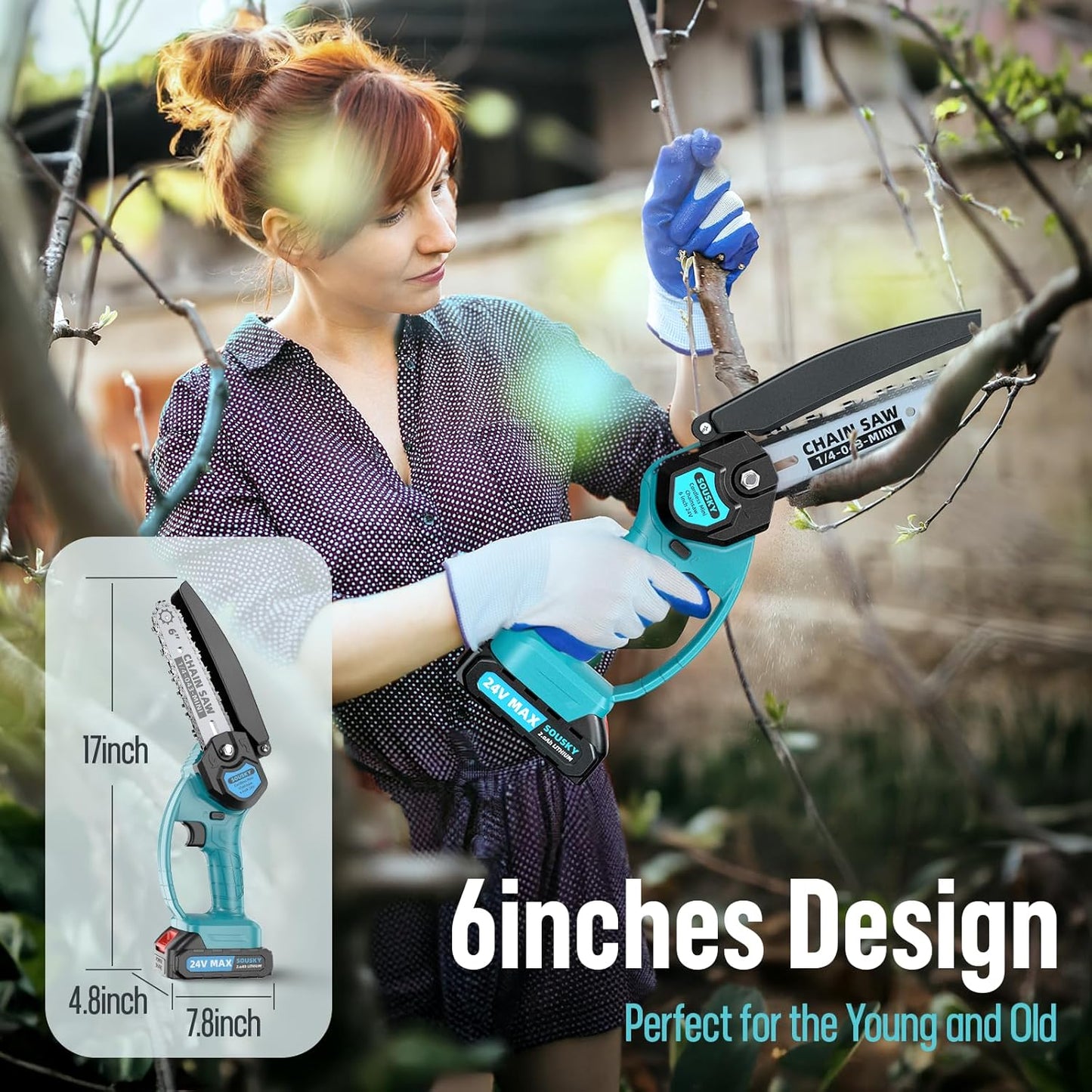 Mini Chainsaw Cordless, 6Inch Portable Small Chain Saw Battery Powered, Handheld Chainsaws with 2 * 24V 2.0MAH Powered Rechargeable Battery for Tree/Wood Cutting Trimming Craftsman Gardening Pruning