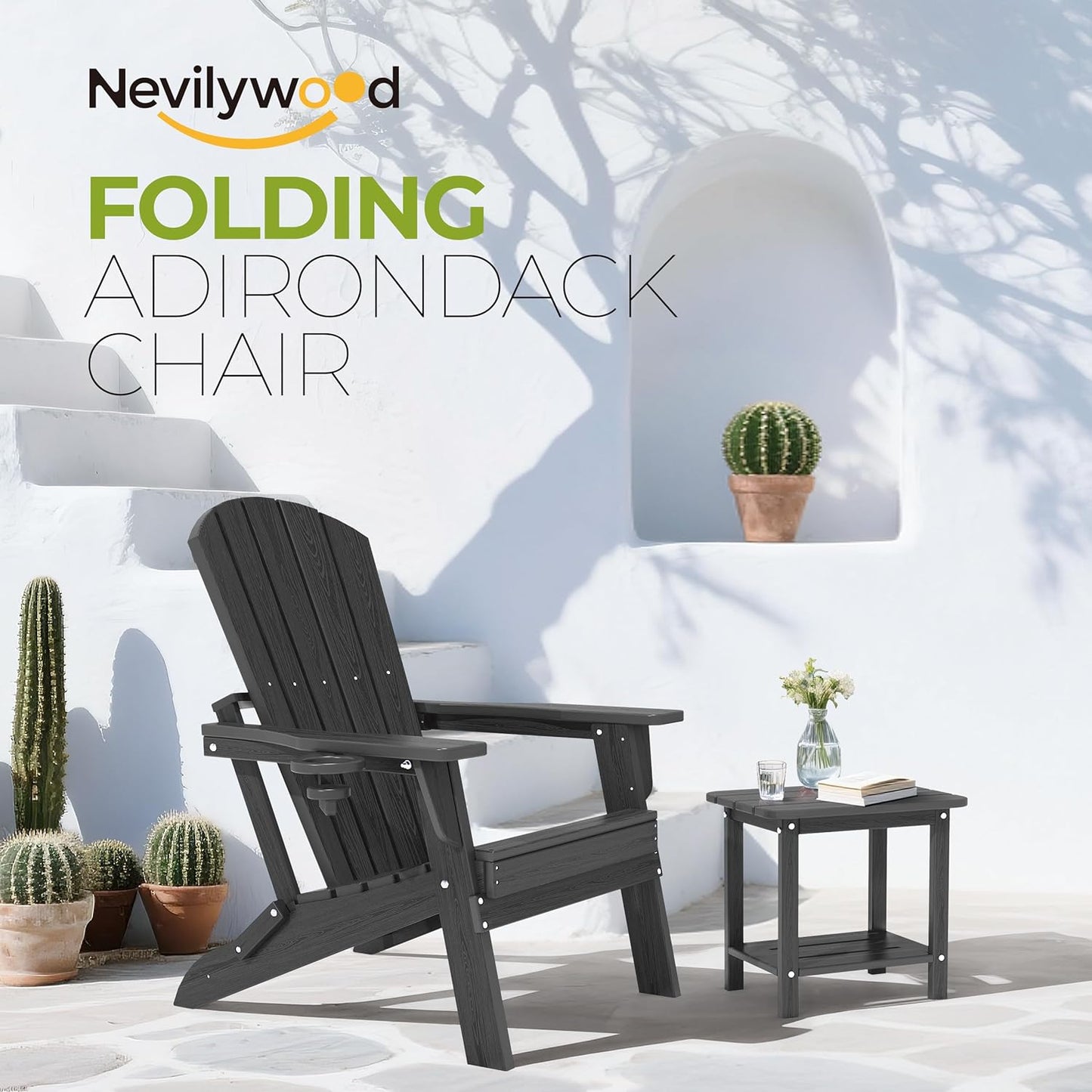 Folding Adirondack Chair, Ergonomic Extended Backrest, HDPE All-Weather, 400lbs Capacity, Maintenance-Free, Cup Holder, （Black）- Outdoor Patio & Firepit Chair