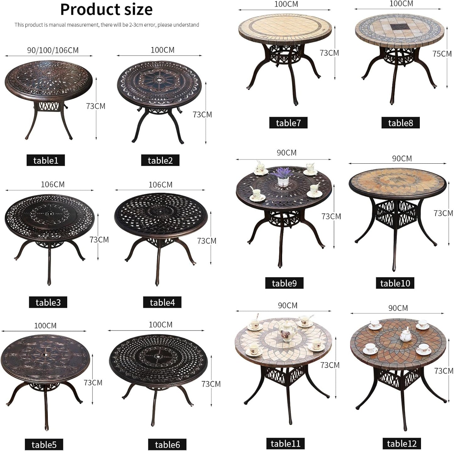 Outdoor Table Cast Aluminum Round Patio Table with Umbrella Hole All Weather Outdoor Dining Table for Lawn Garden Backyard (100cm Palm Round Table)