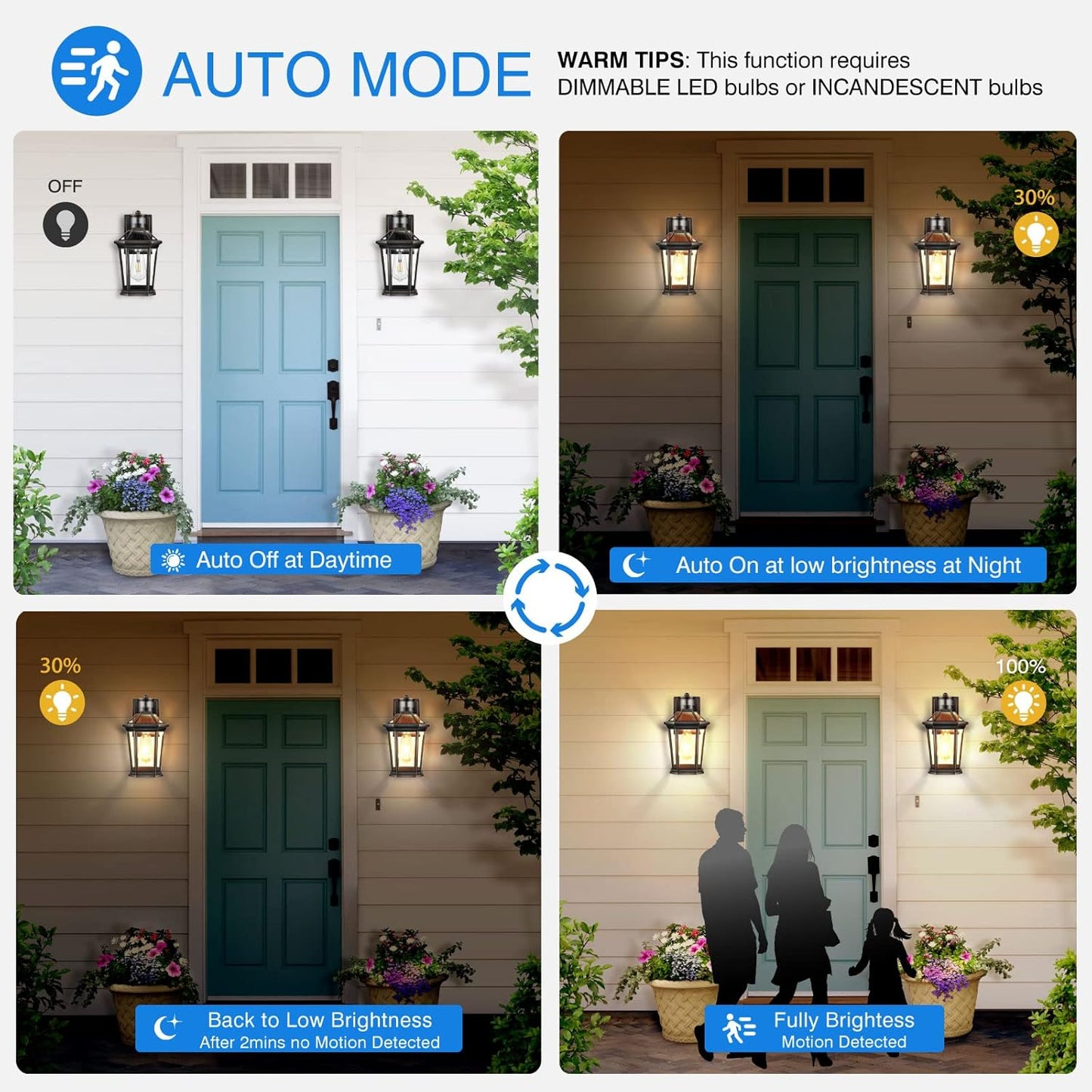 VIANIS Motion Sensor Exterior Light Fixture, 2 Pack Dusk to Dawn Outdoor Light Wall Mount, Anti-Rust Aluminum Outside House Lights, Farmhouse Coach Lantern for Porch, Entryway, Garage, Front Door