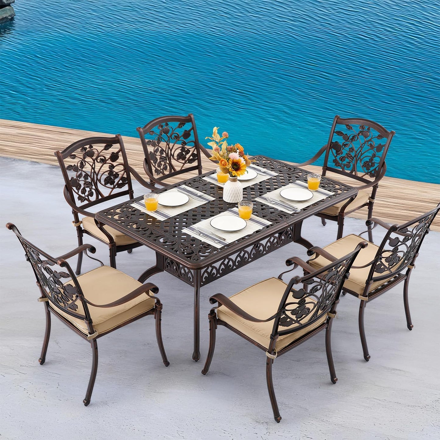 59” Patio Outdoor Dining Table for 6, Cast Aluminum Rectangle Patio Dining Table Weather Resistant with 2" Umbrella Hole for Patio Deck Garden (Copper, 59" Classic Table)