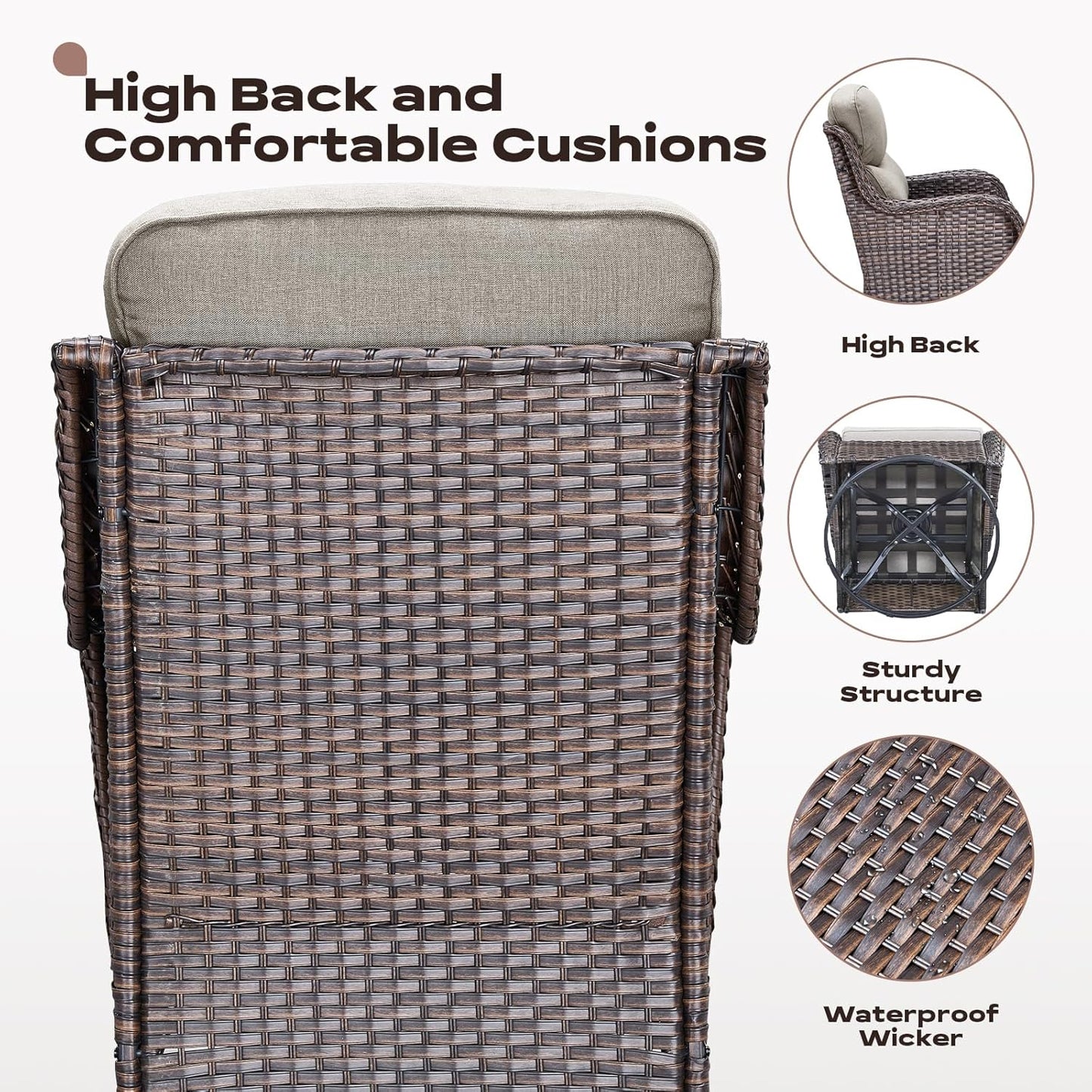 Wicker Outdoor Patio Furniture Set - 5 Piece Patio Conversation Sets with Swivel Rocker Chairs, Ottomans and Sofa, 6 inch Cushions, Waterproof Wicker, for Porch Deck Brown/Beige