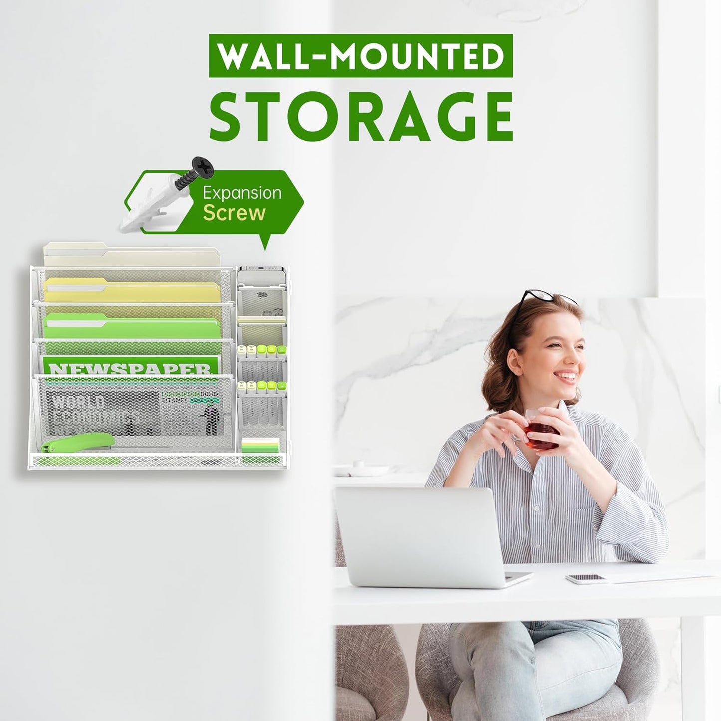 SUPEASY Wall File Organizer, 5-Tier Desk Organizer with 4 Pen Holders, Wall Organizer for Office with R-shaped Bottom Tray, Desk Organizers and Accessories for Office Supplies, White