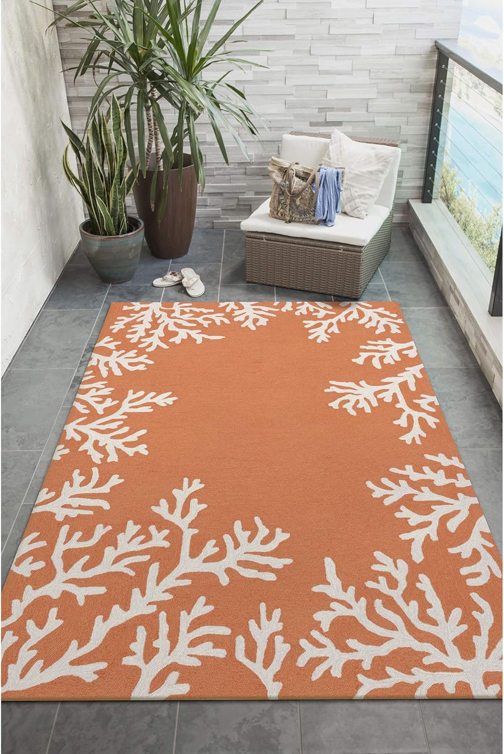 Liora Manne Capri Coastal Indoor/Outdoor Rug, 3'6" x 5'6', Coral Border Orange