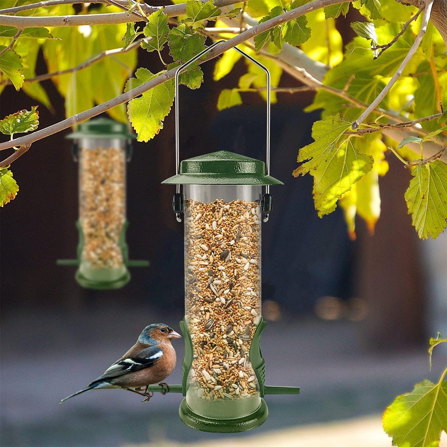 MIXXIDEA Wild Bird Feeders For Outdoors Hanging Stainless Steel Hanging Bird Feeder Tube, Finch Feeder For Garden Backyard Decoration Attractive Water Resistant Bird Feeders For Outside Green - 2 Pack
