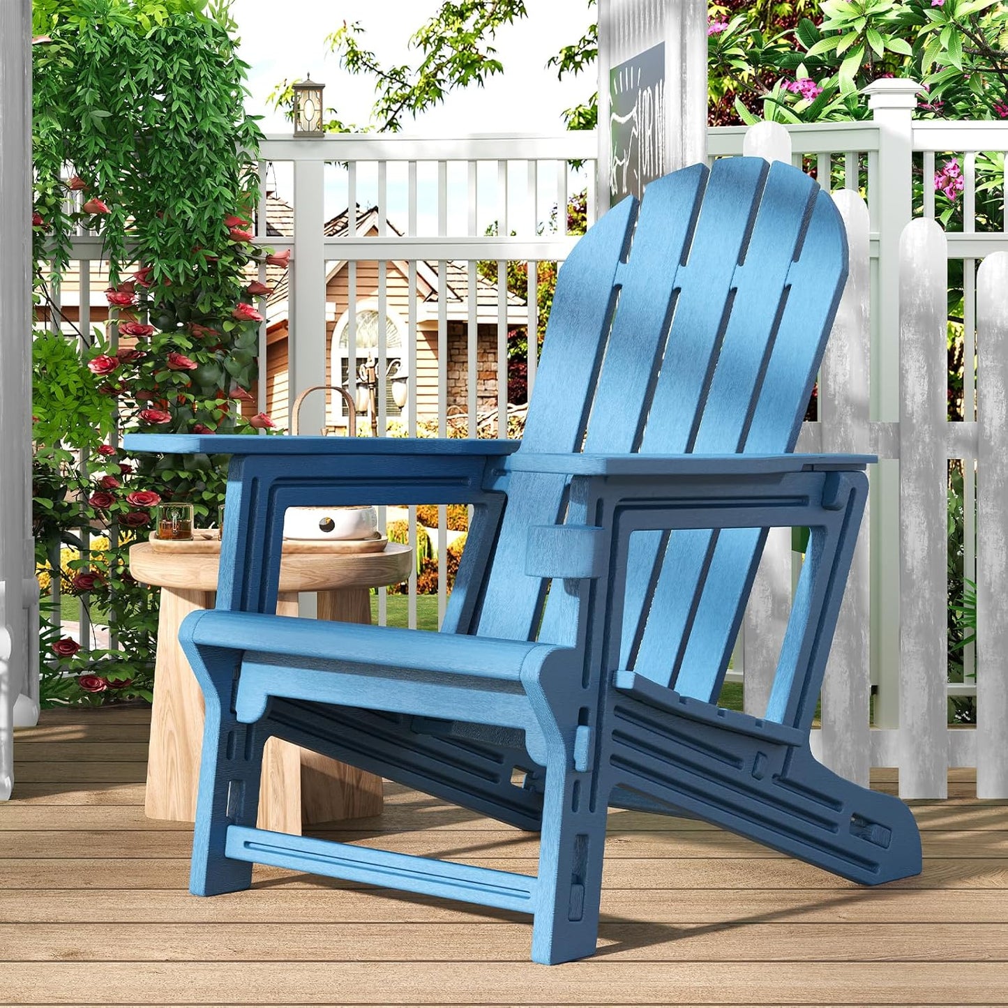 Adirondack Chairs Set of 4, Tool-Free Assembly All-Weather Plastic Adirondack Chairs, HDPE Fire Pit Chairs with Cup Holder, Outdoor Chair for Patio Garden (Blue)