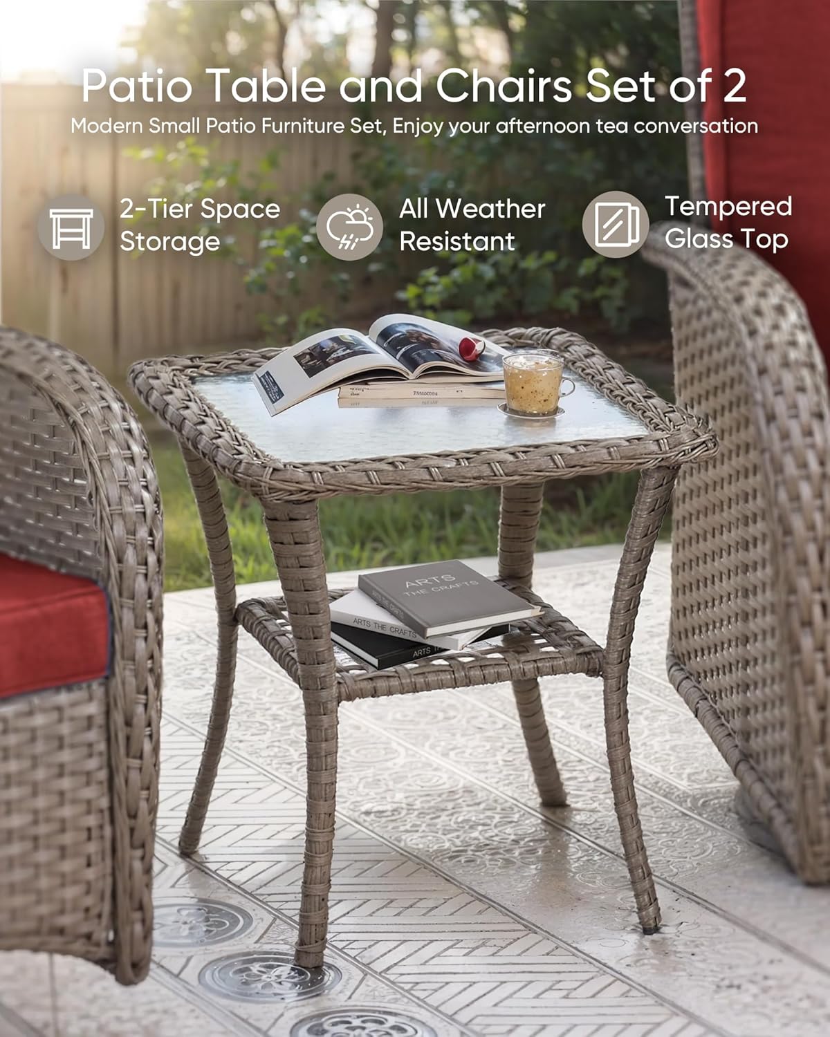 HUMMUH Patio Furniture Wicker Outdoor Furniture Sets High Back Outdoor Glider Bench with Patio Swivel Chairs Patio Conversation Sets for Deck Lawn Porch Balcony Poolside-Grey/Red