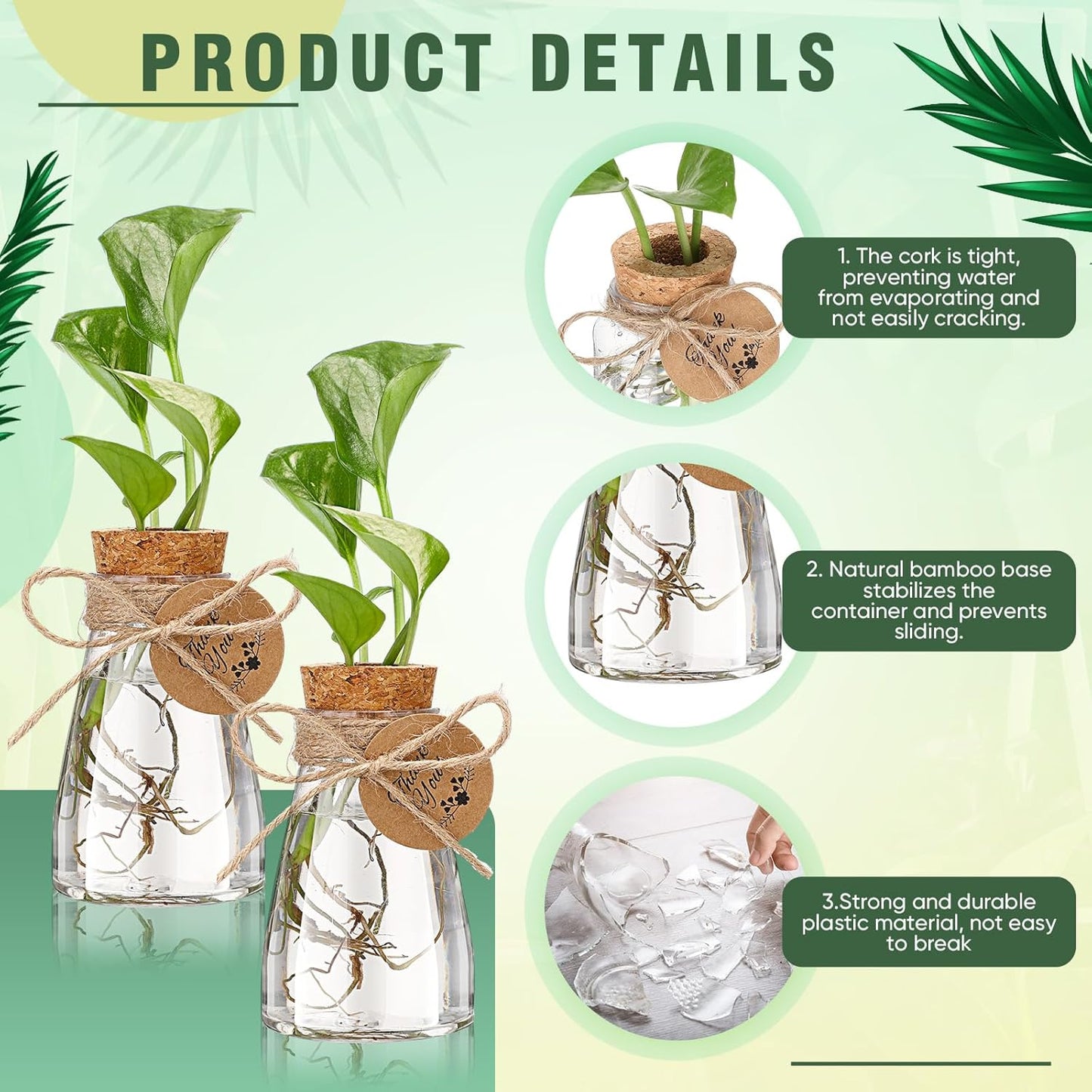 Baderke 3.35'' Plastic Plant Propagation Stations with Hole Lid Planter Vase Clear Propagation Jars with Thank You Tags for Plant Lover Gifts for Women Office Home Garden(12 Pack,Cute)