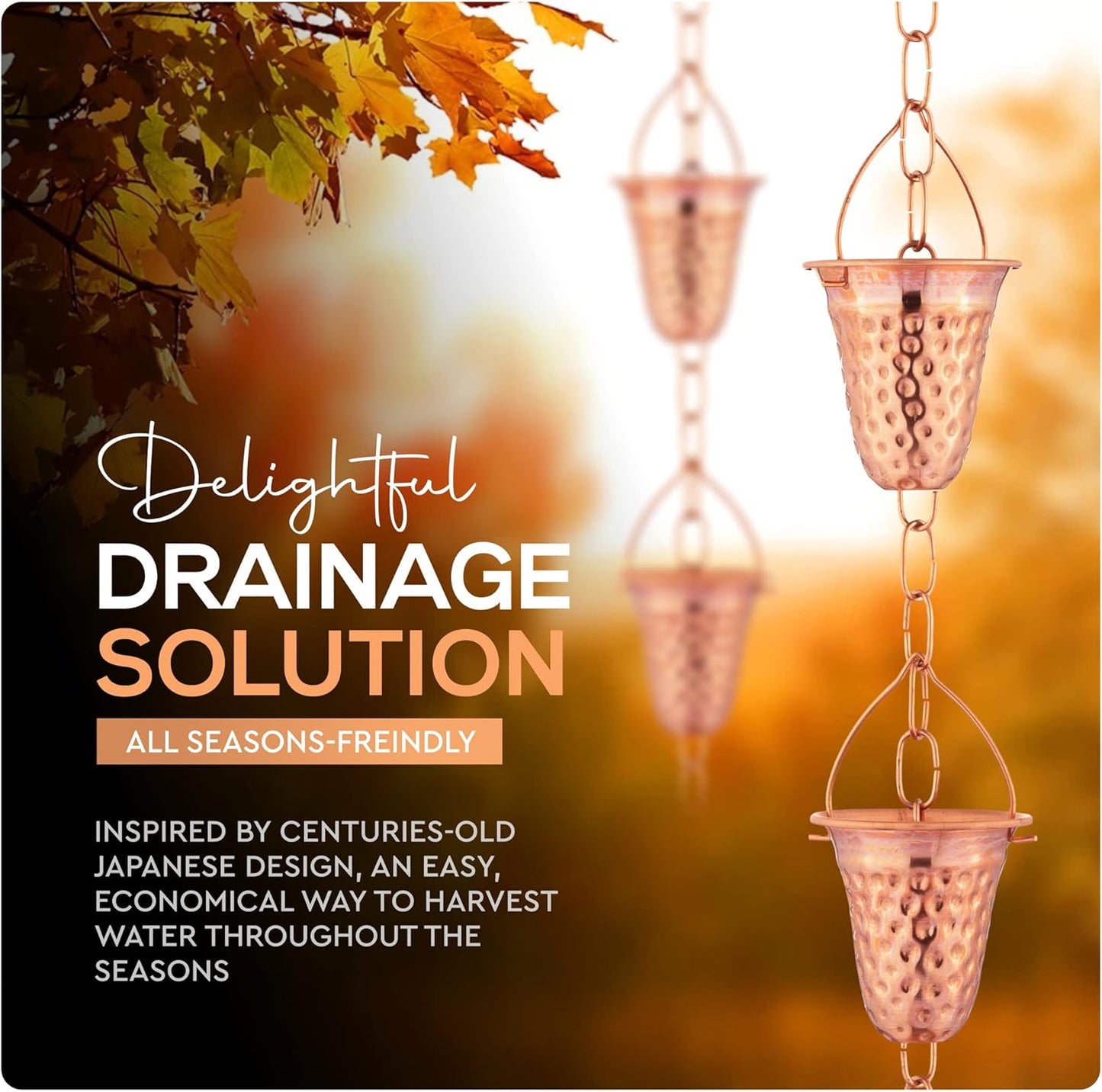 Copper Hammered Rain Chain – Decorative Chimes & Cups Replace Gutter Downspout & Divert Water Away from Home for Stunning Fountain Display – 3’ Long for Universal Fit – Bell Style