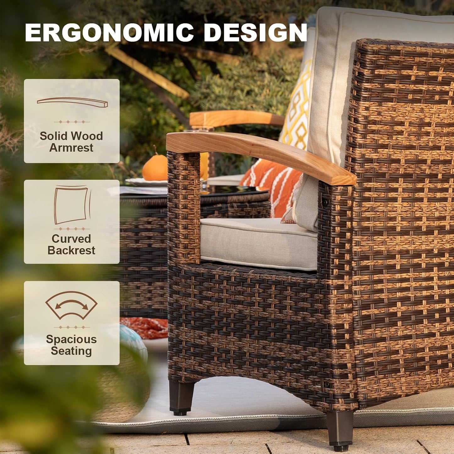 9 Piece Outdoor Patio Furniture Set, Half-Moon Curved Sectional Sofa Rattan Conversation Set with Wood Armrests, Coffee Table & Side Table（Brown）