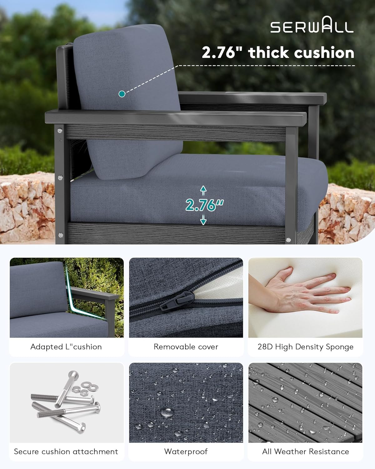 SERWALL 4 Pieces HDPE Outdoor Sofa Set with Cushion, All Weather Use Conversation Couch Set, Outdoor Loveseat Social Furniture with Coffee Table and Cushions, Grey Frame with Grey Cushions