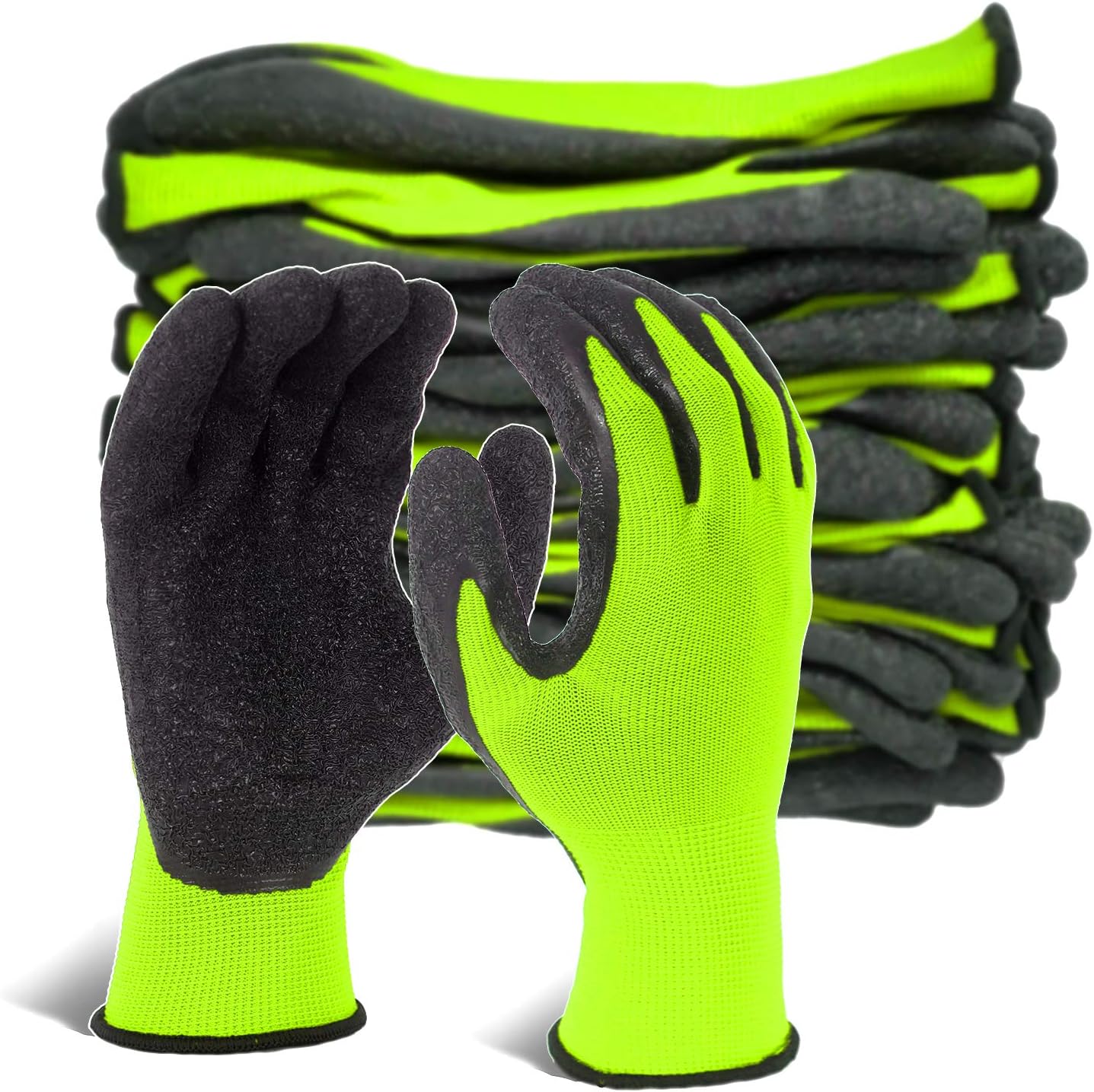 Evridwear Crinkle Latex Rubber Hand Coated Safety Work Gloves for Men Women General Multi Use Construction Warehouse Gardening Assembly Landscaping (XS,12 Pairs Pack)
