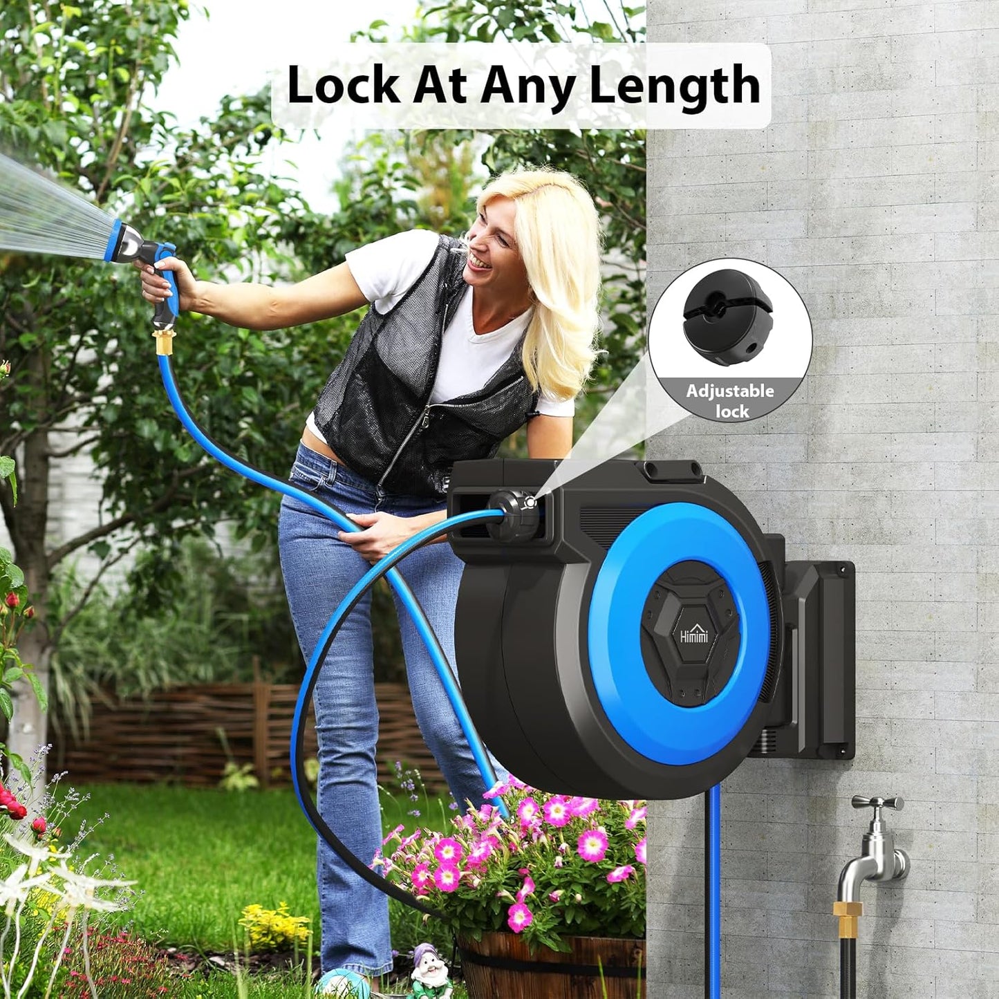 Retractable Garden Hose Reel, 5/8" x 90FT Automatic Retractable Water Hose Reel Wall Mount, with 10- Function Sprayer Nozzle, Any Length Lock/Auto Rewind/180°Swivel