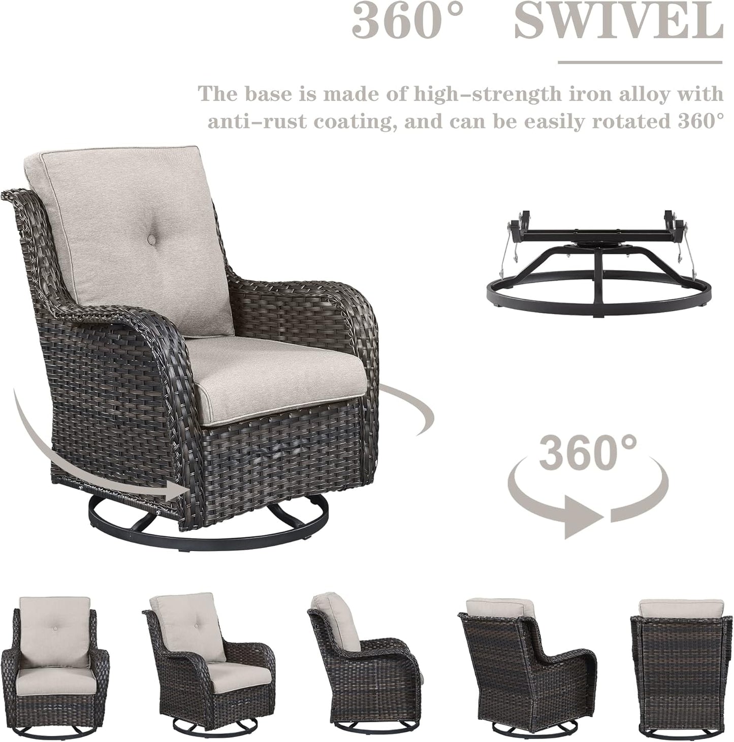Wicker Patio Furniture Sets - 8 Piece Outdoor Rattan Furniture Conversation Sets with 4 Swivel Rocker Chairs, Rattan Sofa, Wicker Ottomans and Coffee Table, Brown/Beige