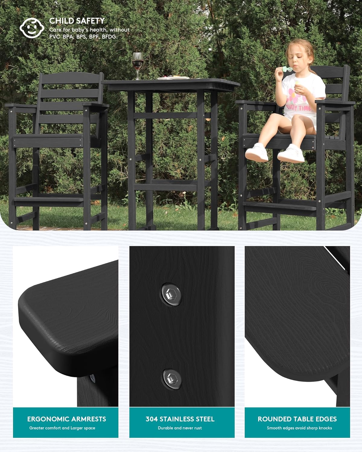 SERWALL Balcony Adirondack Chairs and Table 3 Pieces Set, Adirondack Bar Height Chairs Set of 2 and Bar Table, Outdoor Bar Stools Set for Bistro, Poolside, Backyard, Black
