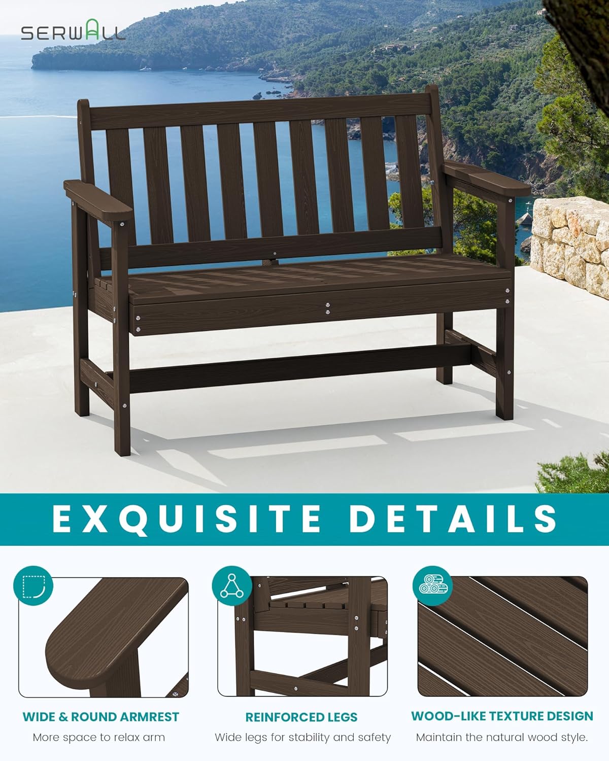 SERWALL Outdoor Bench, HDPE Outdoor Benches Weatherproof, 2-Person Garden Bench with 660 lbs Weight Capacity, Patio Benches for Outdoors, Garden, Porch, Backyard and Park, Coffee