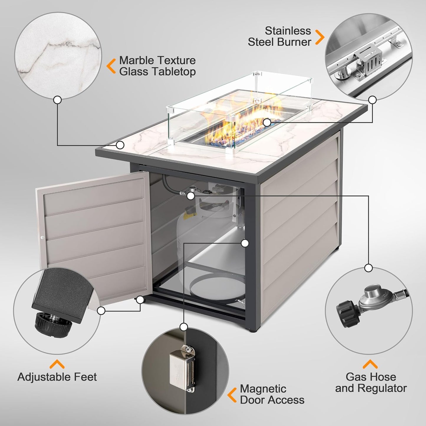 Nuu Garden 43'' Patio Propane Fire Pit Table, 50,000 BTU Gas Fire Pit with Marble-Textured Glass Top, Wind Guard, Lid, Glass Beads, CSA-Certified, 2-in-1 Outdoor Table for Gatherings, Ivory White