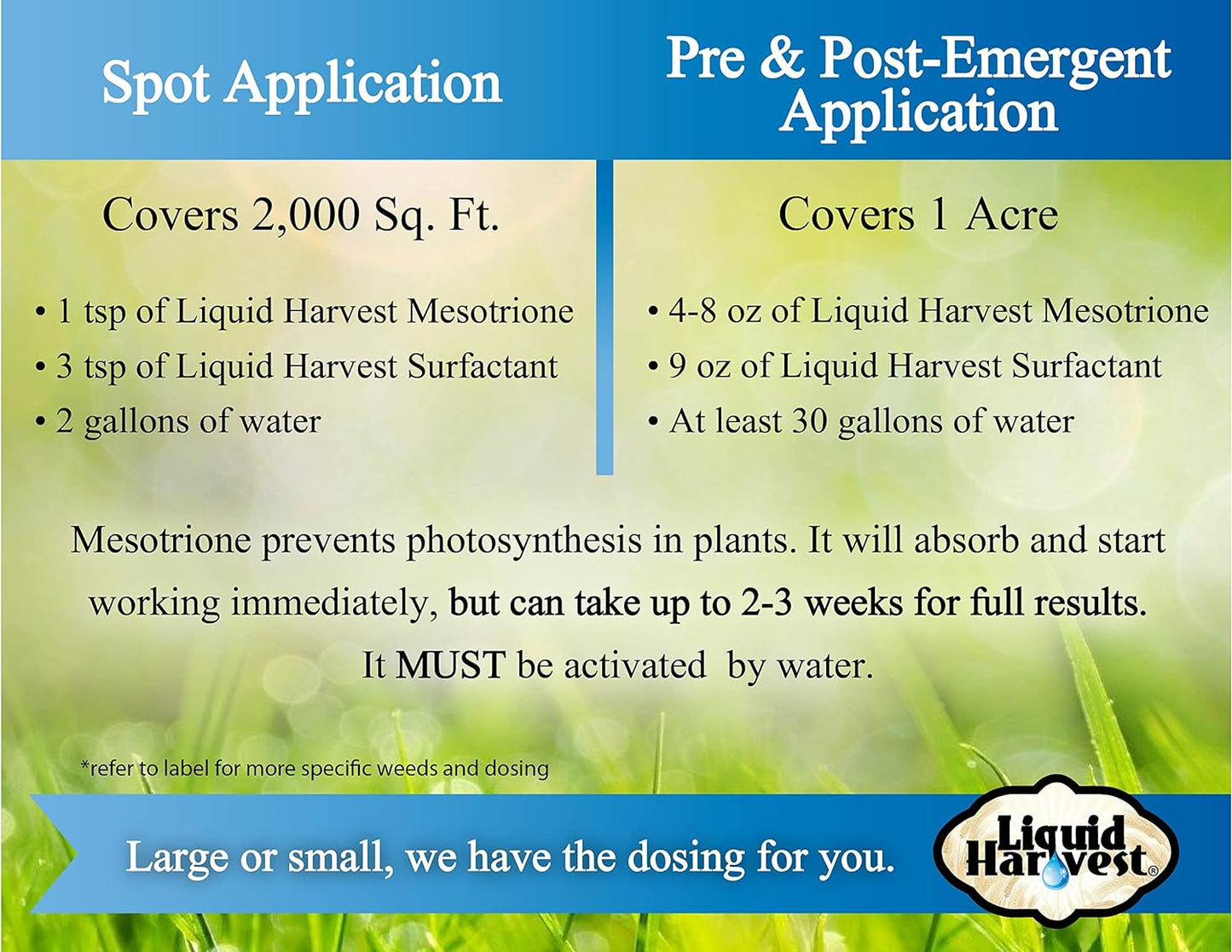 Liquid Harvest Mesotrione - 32oz - Mesotrione Concentrate (Compare to Tenacity) - Pre and Post-Emergent Weed Killer for Lawn and Turf Grasses