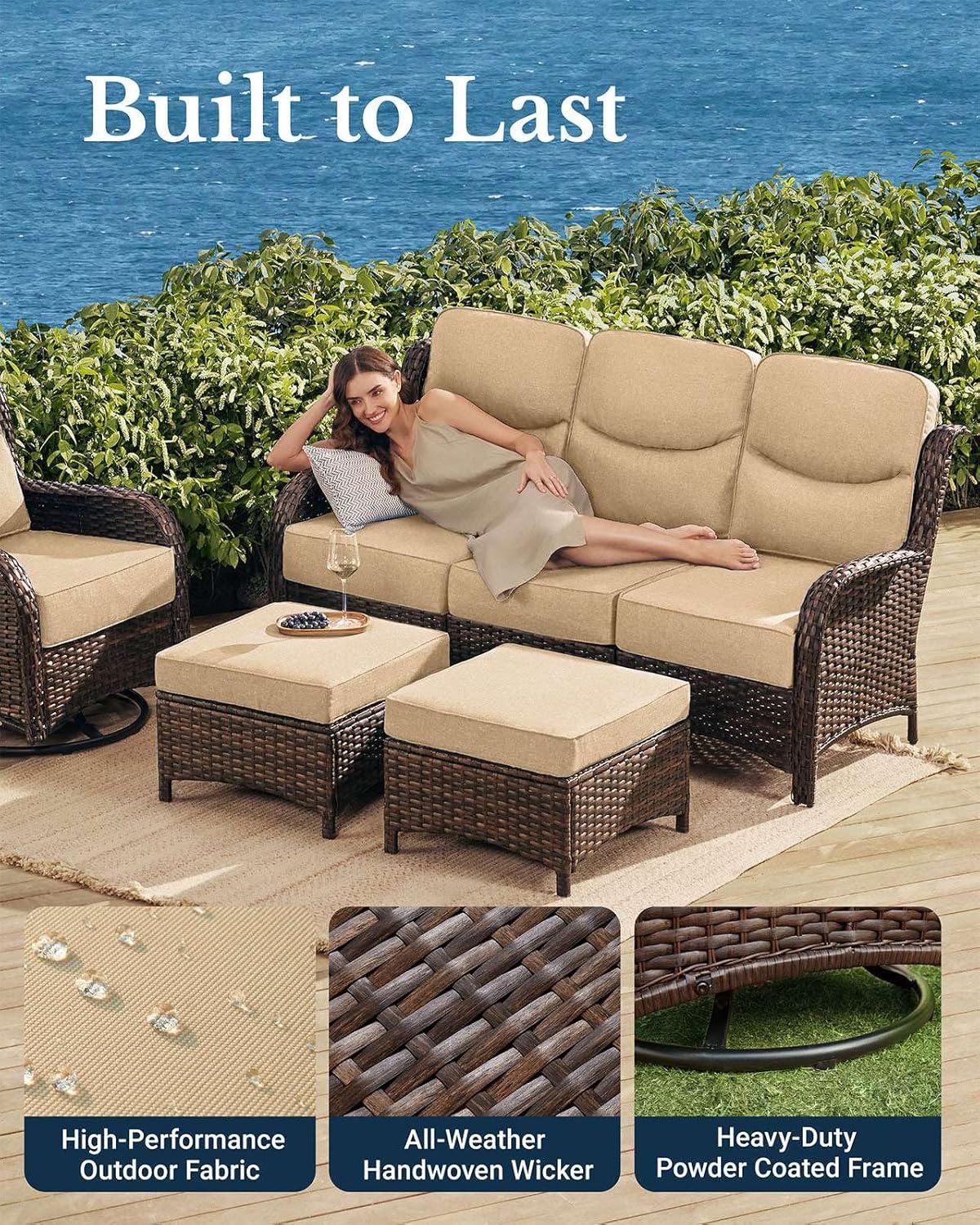 HILLGA Luxury Patio Furniture Set with 6-Inch Thick Cushions, High Back Outdoor Swivel Rocker Chairs and Patio Loveseat, 5-Piece All Weather Conversation Set for Porch Deck Pool Yard, Beige (V3)