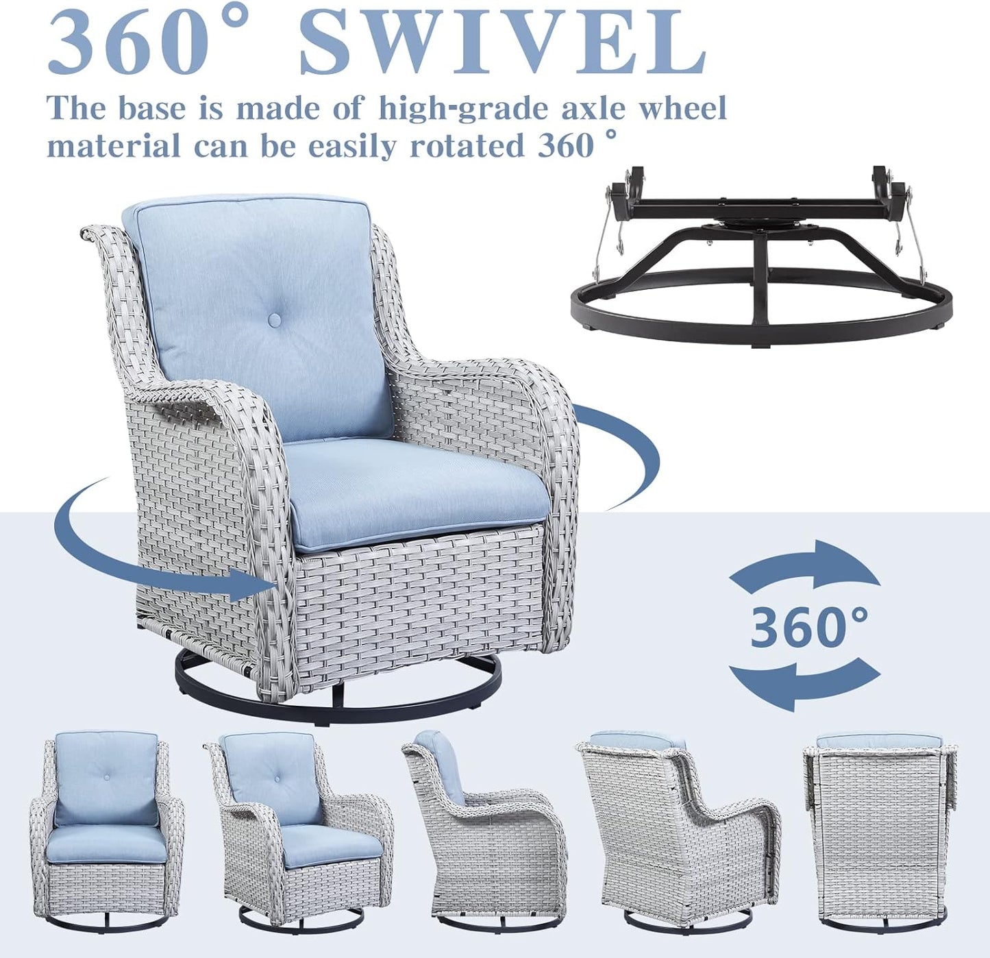 Wicker Outdoor Furniture Patio Furniture Set - 6 Piece Patio Conversation Set with Swivel Rocker Chairs, Loveseat Sofa, Ottomans and Coffee Table, Baby Blue Cushion