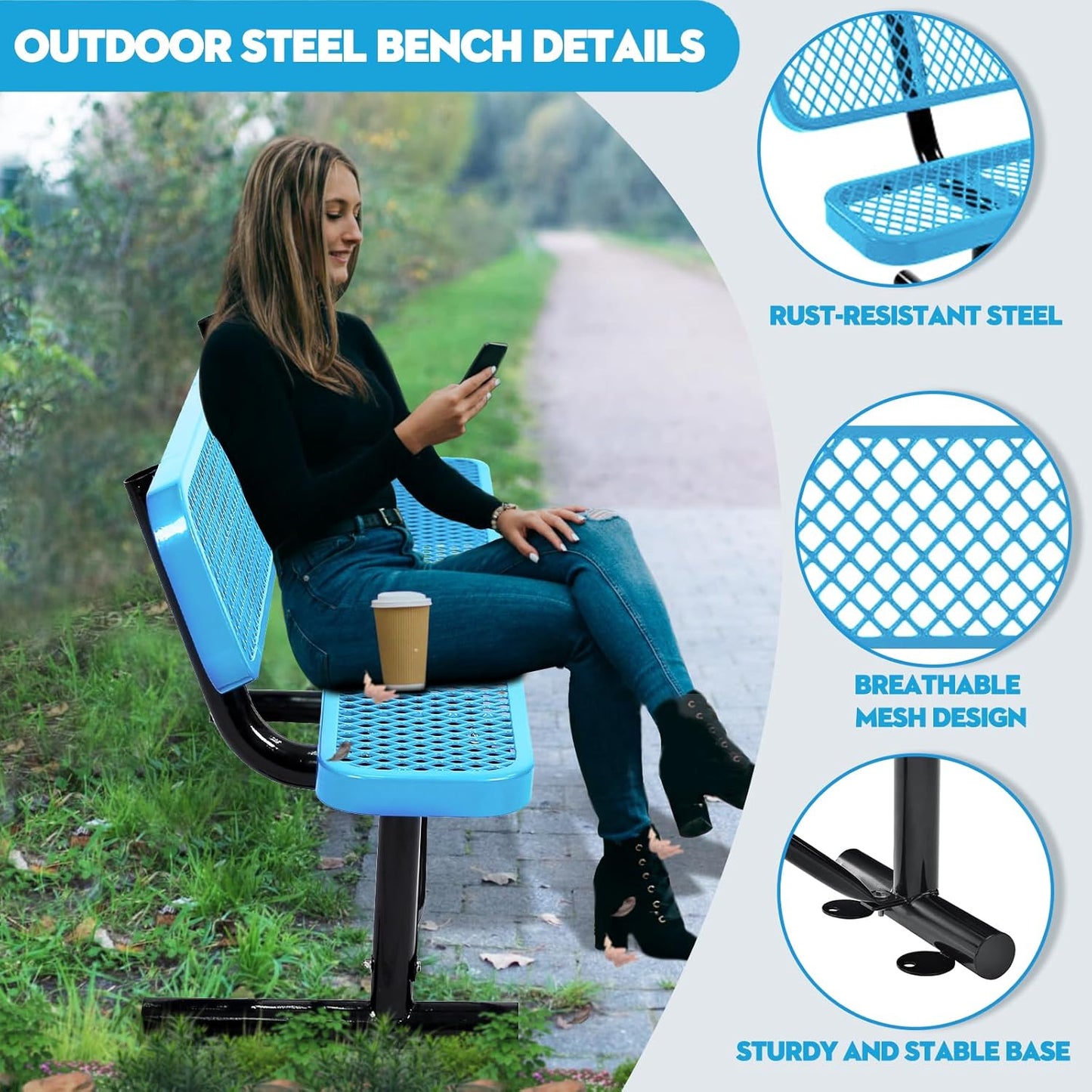 Thermoplastic Coated Iron Park Bench for Outside, Heavy Duty Metal Garden Bench, Expanded Commercial Grade Seating for Shopping Malls, Lawn Yard Porch Entryway (Blue with Backrest, 96IN)