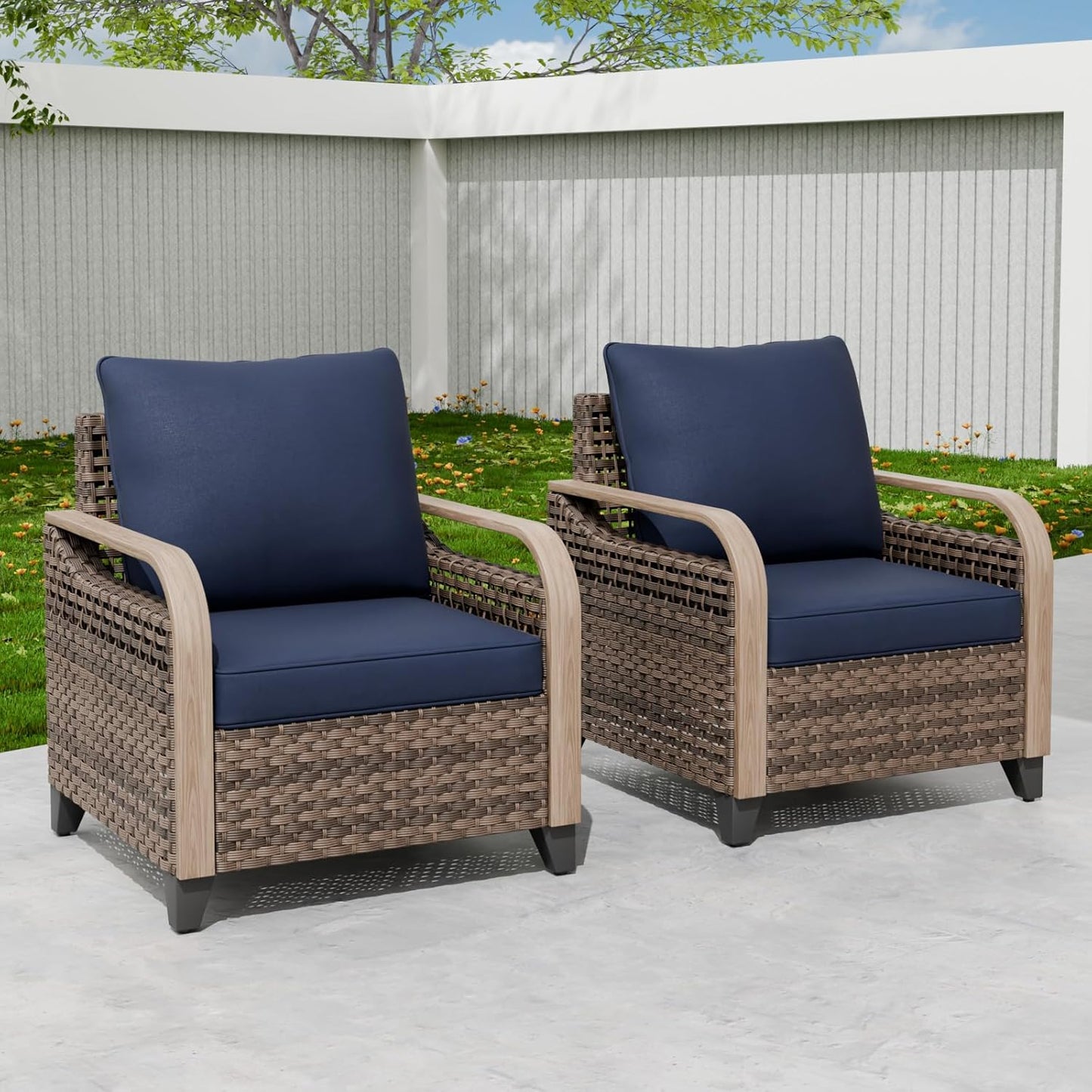 EAGLE PEAK Modern Wicker Outdoor Chair, Patio Chair Curved Armrest, Rattan Patio Furniture for Yard Deck Porch Garden, 2 Chairs, Brown/Blue