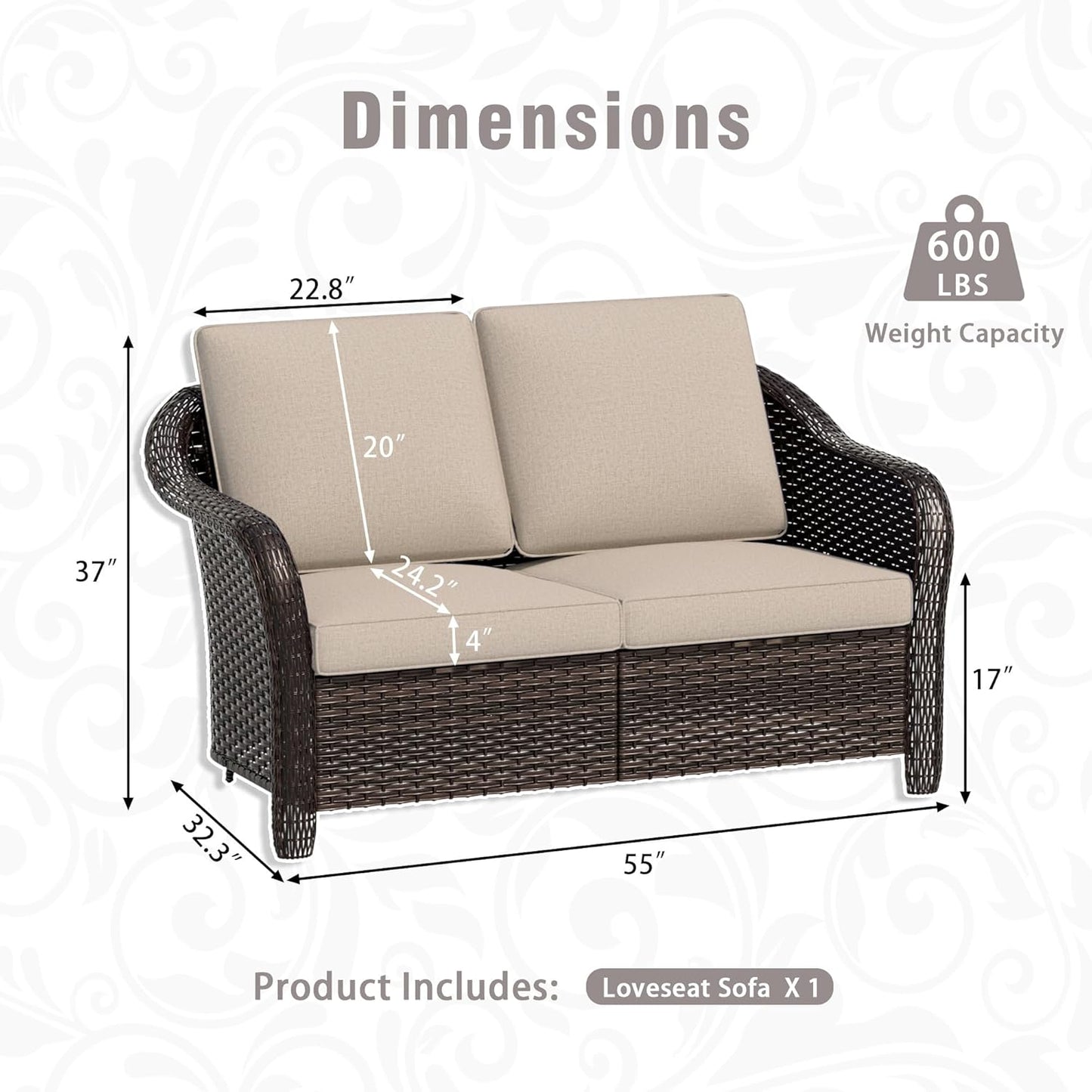 3 Piece Patio Wicker Conversation Set, All-Weather Use Outdoor Wicker Loveseat with 2 PE Rattan Chair, Ideal for Porch, Backyard, Balcony, Poolside, Beige
