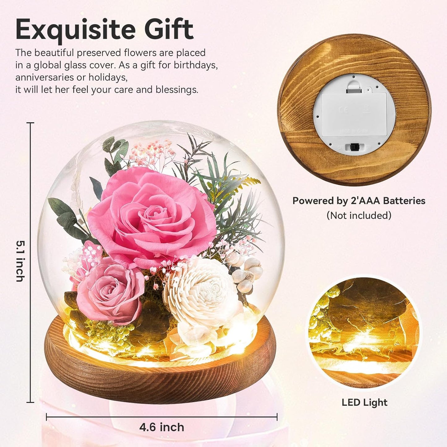 Preserved Flowers Rose Birthday Gifts for Women, Forever Flowers in Glass Ball, Long-Lasting for Mom Her Wife Grandma Anniversary Valentines (Pink)