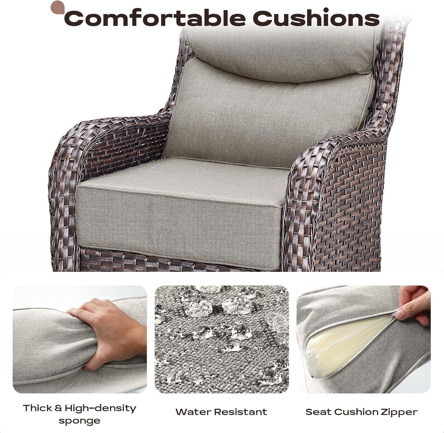 Wicker Outdoor Patio Furniture Set - 5 Piece Patio Conversation Sets with Swivel Rocker Chairs, Ottomans and Side Table, 6 inch Cushions, Waterproof Wicker, for Porch Deck Brown/Beige