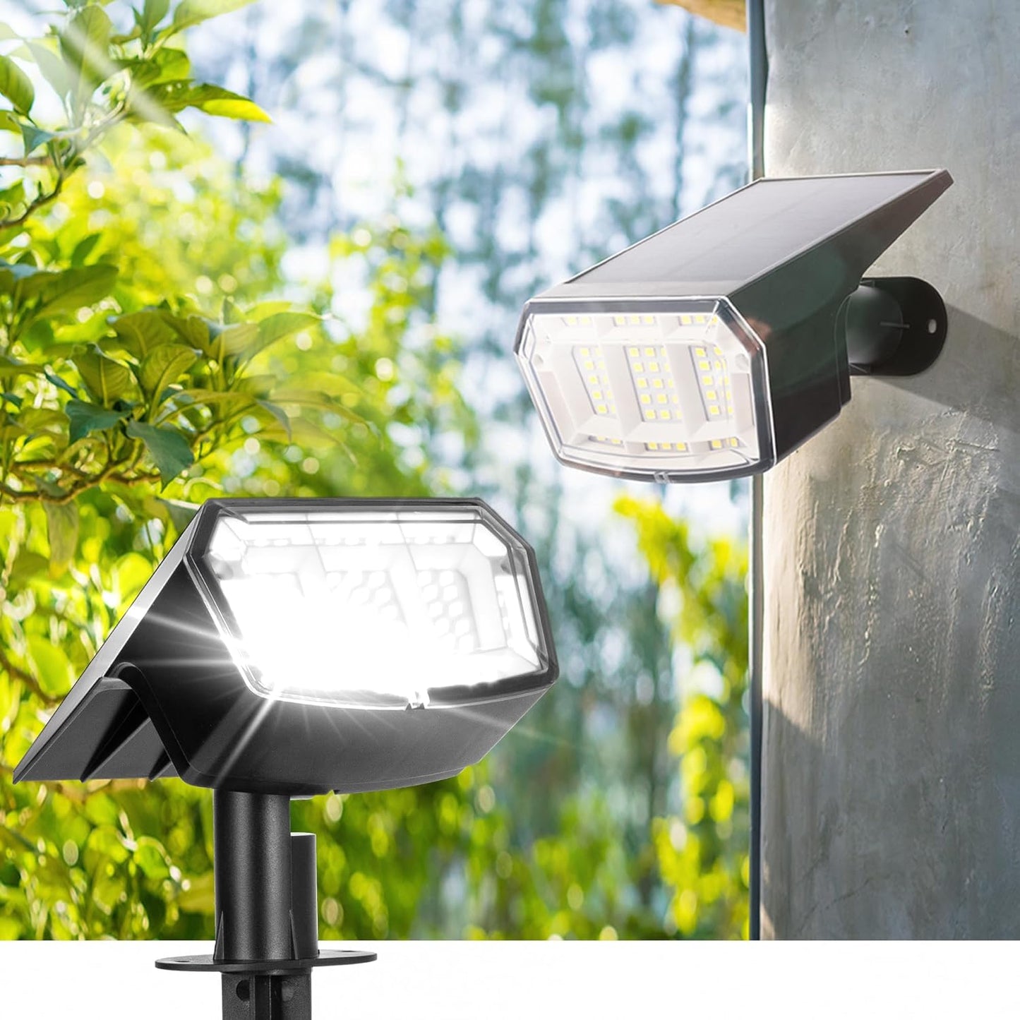 Solar Spot Lights Outdoor Waterproof Landscape Spotlights 63 LEDs 3 Lighting Modes IP65 Solar Spot Lights for Outside, Backyard, Garden, House, Garge-4 Pack Cool White