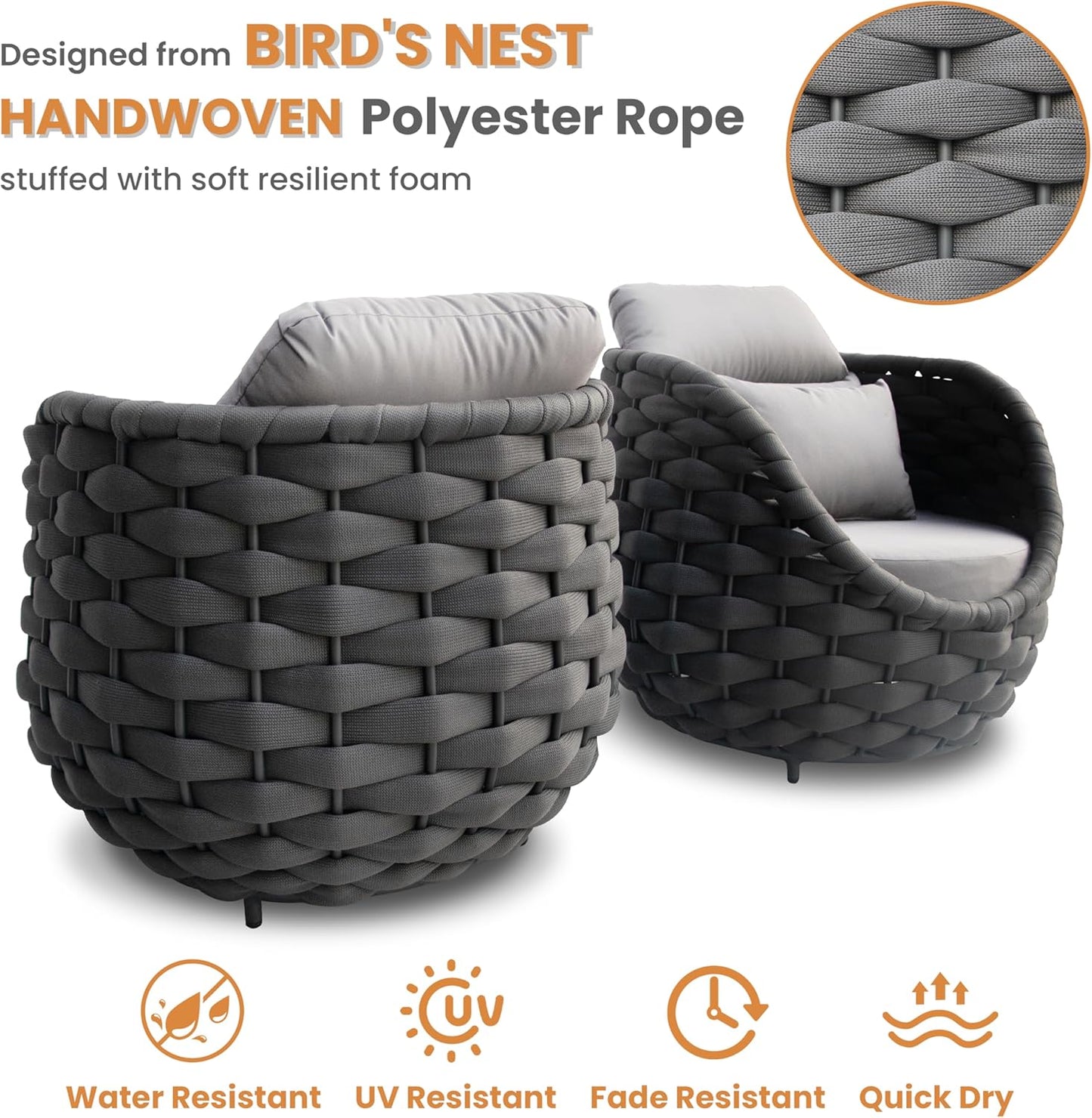 Patio Conversation Deck Furniture Set: 6-Piece Aluminum Woven Rope Outdoor Sofa Set - Modern Cushioned Couch Set - No Assembly Metal Porch Seating for Deck Yard Garden Lanai Pool Hotel Resort