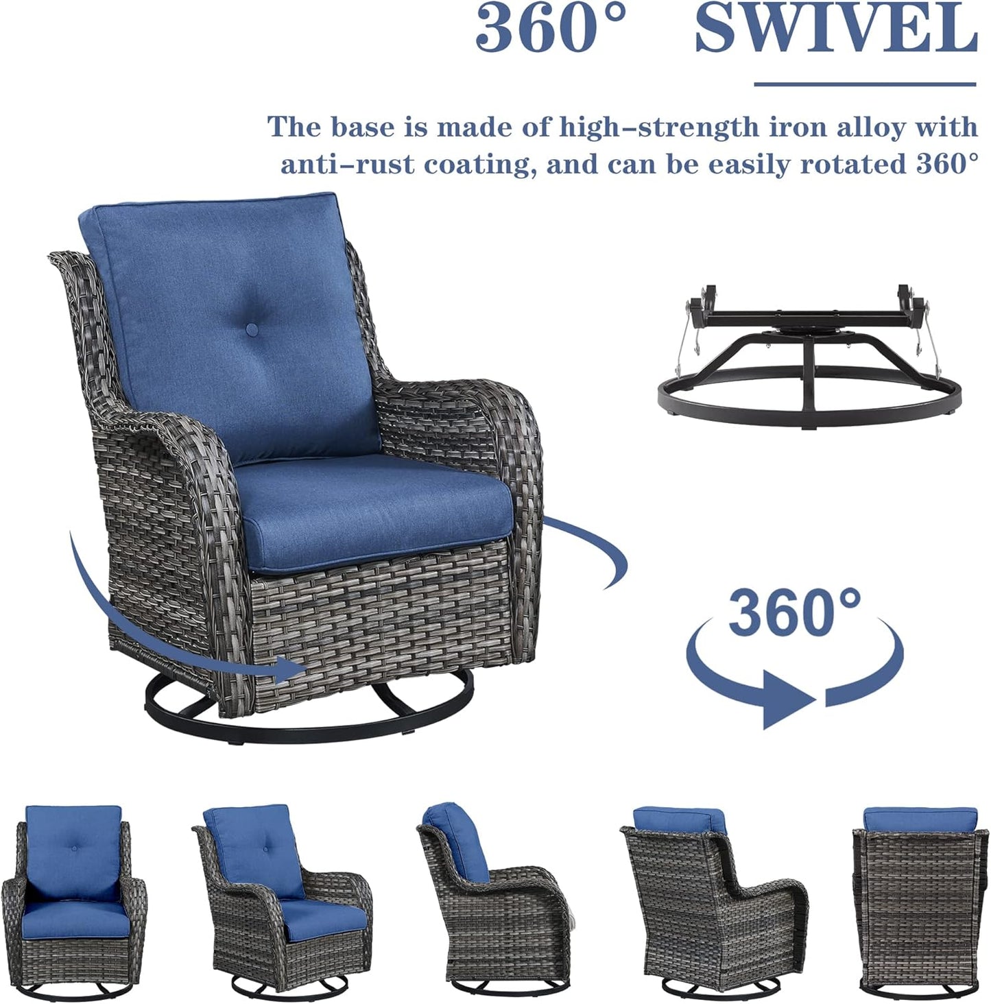 5 Piece Outdoor Patio Furniture Set - Wicker Furniture Patio Conversation Set, Outdoor Swivel Rocker Chairs with 3-Seater Sofa and 2 Ottomans for Small Space, Blue Cushion