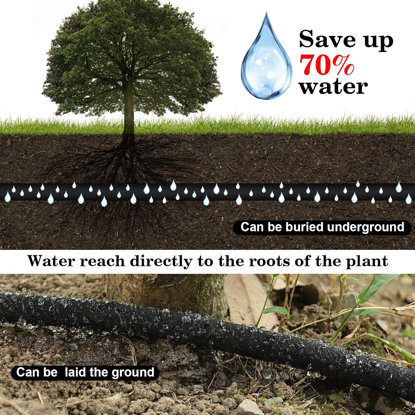 Soaker Hose 25 FT Pro for Garden Beds 1/2 Inch Rubber Longer Lasting Drip Irrigation Save 70% of Water Various Accessories Great for Lawn and Yard