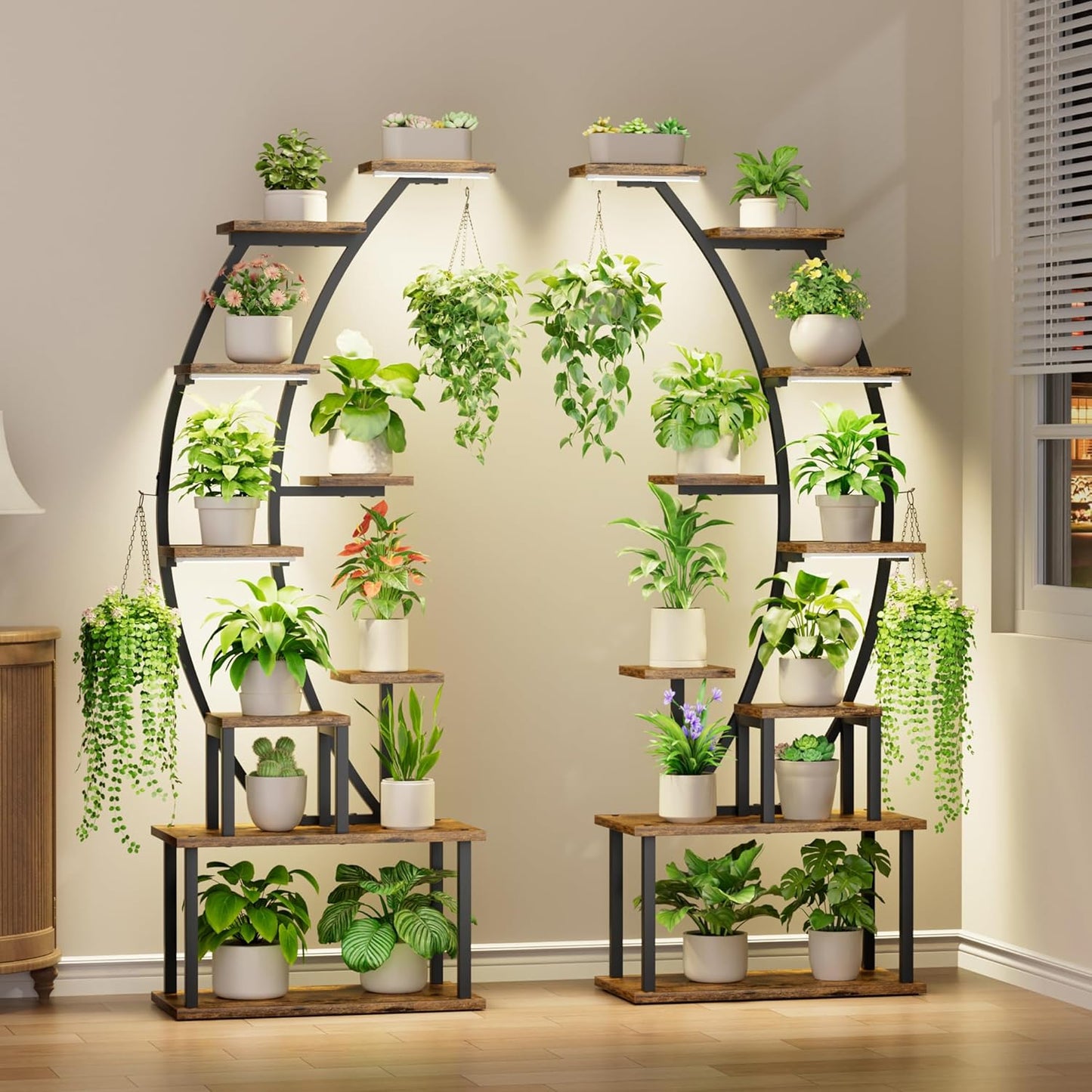 Plant Stand Indoor with Grow Lights, 9 Tiered Metal Plant Shelf, 64" Tall Plant Stand for Indoor Plants Multiple, Large Plant Rack Display Shelves, Curved Plant Holder for Living Room, Patio