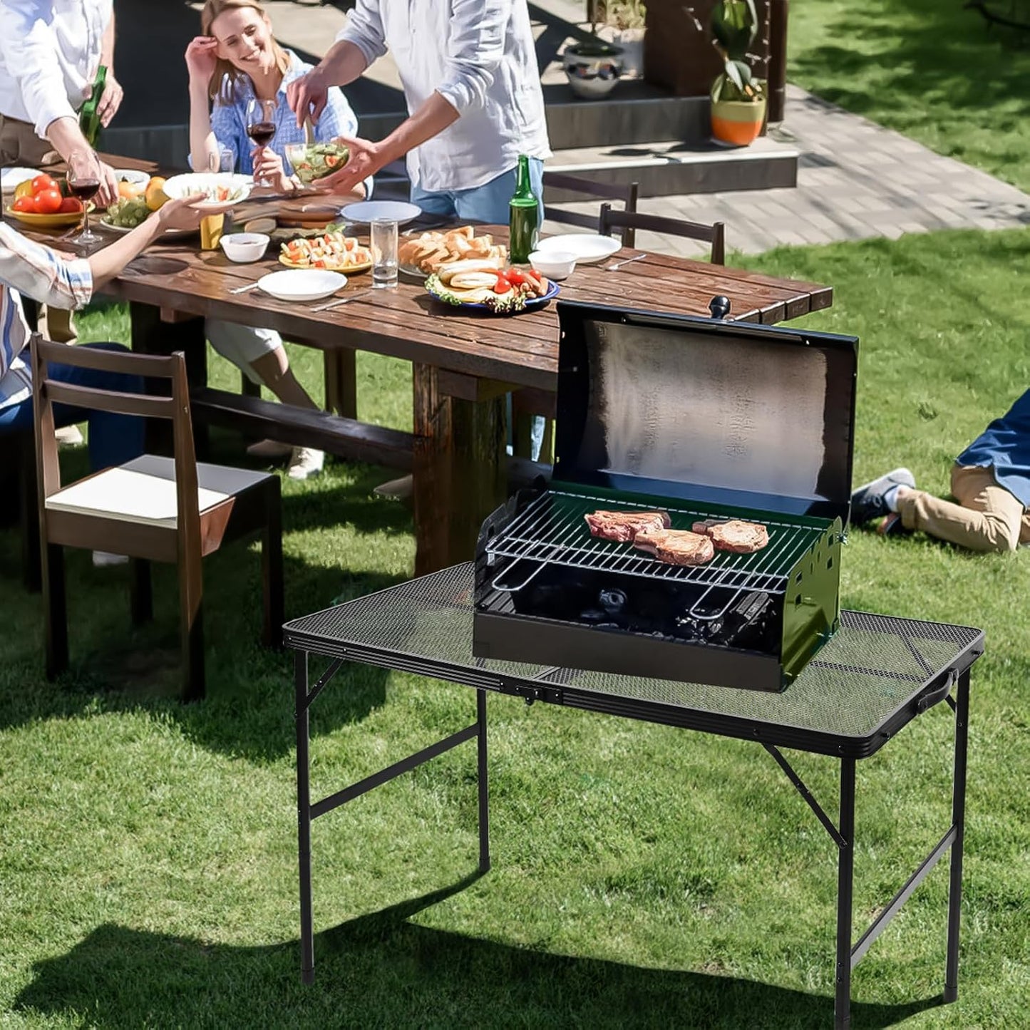 Folding Grill 3x2 FT Portable Camping Table, Lightweight Height Adjustable Metal Picnic Outdoor Table with Mesh Desktop and Mesh Bag, Beach and BBQ, Party
