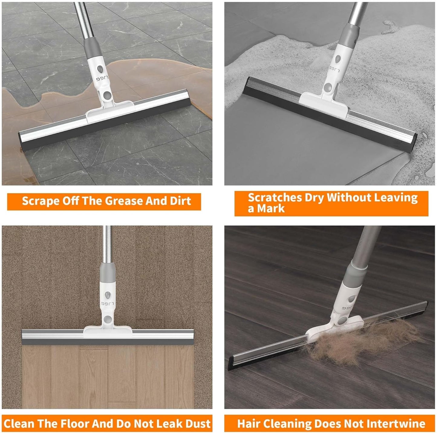 Squeegee Broom for Floor, 17" Rubber Squeegee with 51" Aluminum Alloy Pole for Bathroom Tile, Garage Concrete, Deck, Shower Glass, Window Cleaning, Squeegee Broom for Household Floor