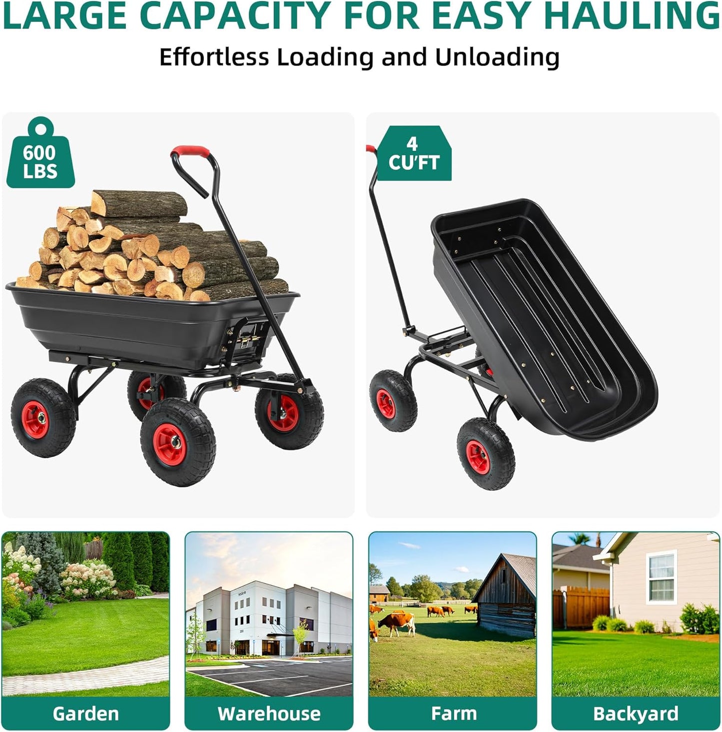 600lb Garden Dump Cart,4 Cu.Ft Utility Wagon Wheelbarrows with Quick-Release System&4 Pneumatic Tires,Heavy Duty Yard Dump Wagon with Steel Frame for Yard, Farm, Garden(Black)