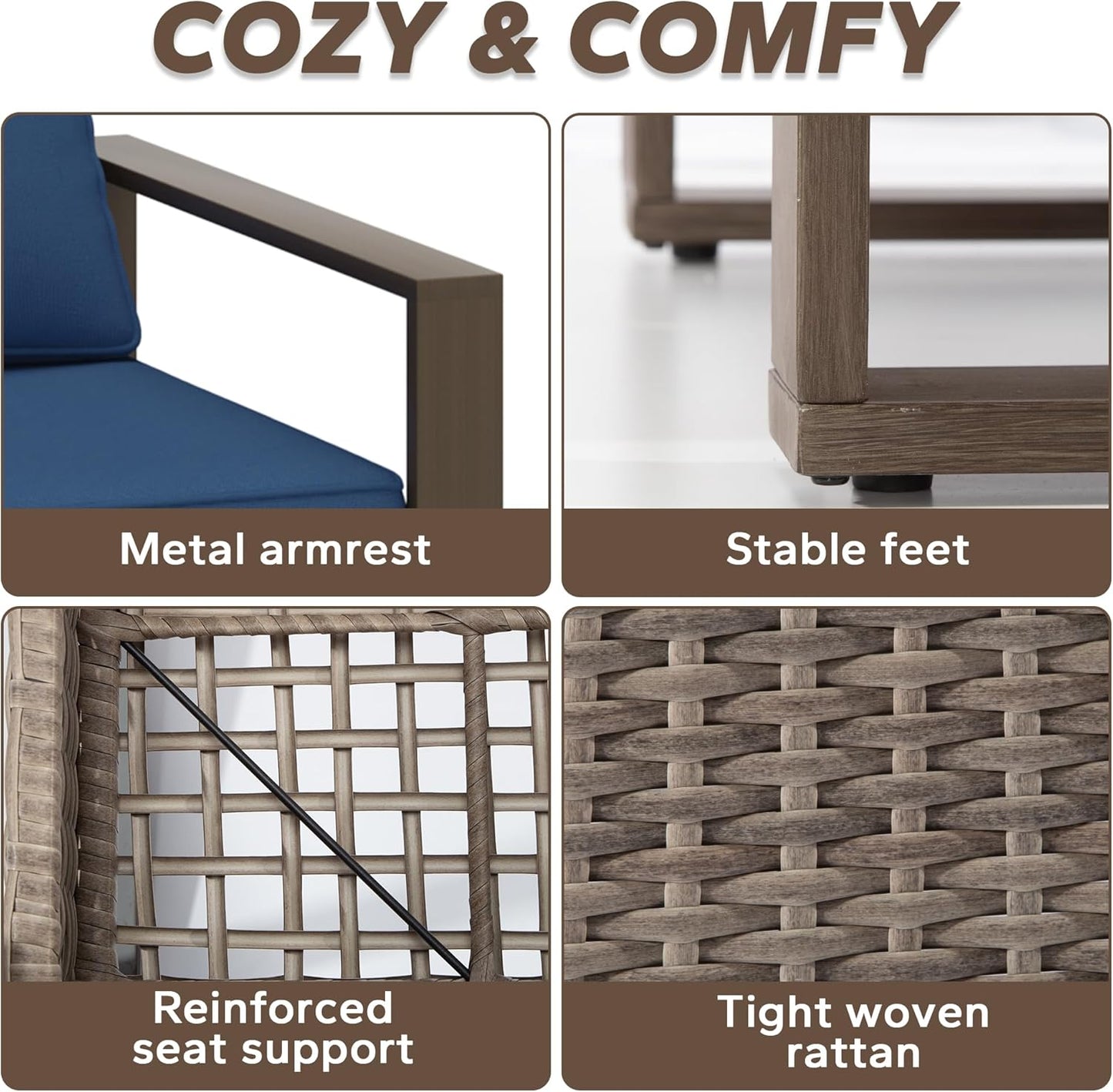 Wicker Patio 75" Sofa Set with 2 Swivel Chairs, All Weather Rattan Outdoor Conversation Furniture Set with Wood-Looking Metal Armrest & Removable Cushions for Backyard Porch, Dark Blue