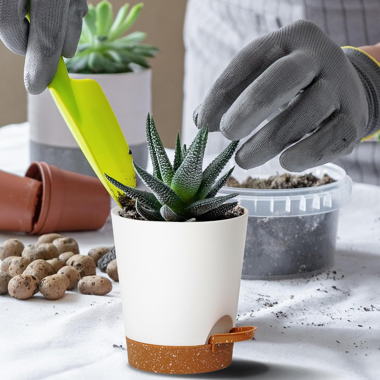 4 inch Small Plant Pots for Outdoor Indoor Plants, 5 Pack Planters with Drainage Holes and Tray, Small Self Watering Pots for Succulent,Cactus, Aloe and Other Plants (White)
