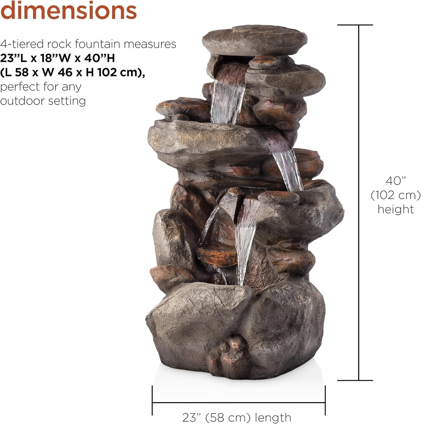 Alpine Corporation WIN316 40" Floor Fountain – 4-Tiered Rock Water Feature with Cascading Streams & White LED Lights – Tranquil Outdoor Décor for Garden, Patio, Yard, Deck, or Porch, Light Gray