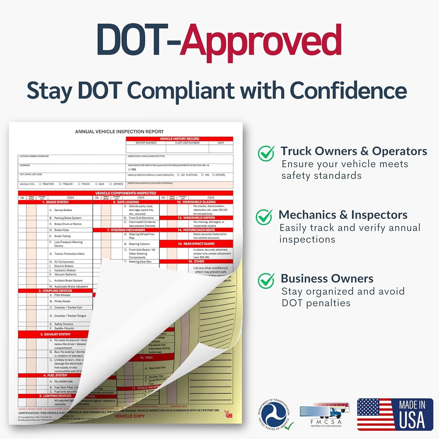 5 Pack 3-Ply Carbonless Annual Vehicle Inspection Report Forms with FMCSA Red Aluminum Adhesive Labels, DOT Inspection Forms and Stickers, Shrink-Wrapped, 8.5" x 11.75" - Made in USA